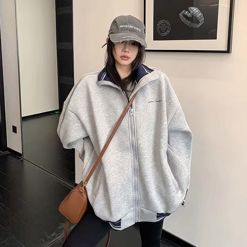 Zipper Accent Stand Collar Sweat Jacket OS2083