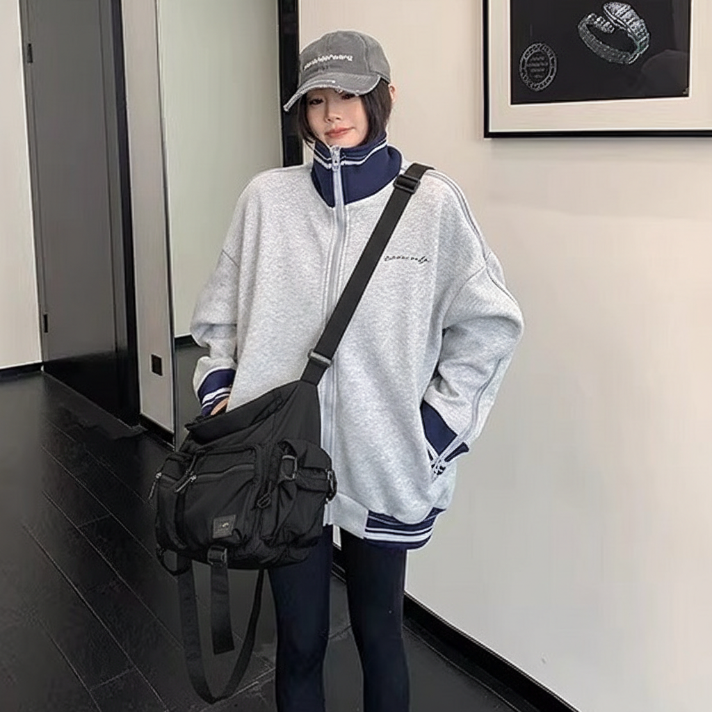 Zipper Accent Stand Collar Sweat Jacket OS2083