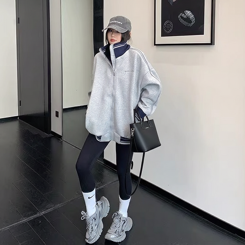 Zipper Accent Stand Collar Sweat Jacket OS2083