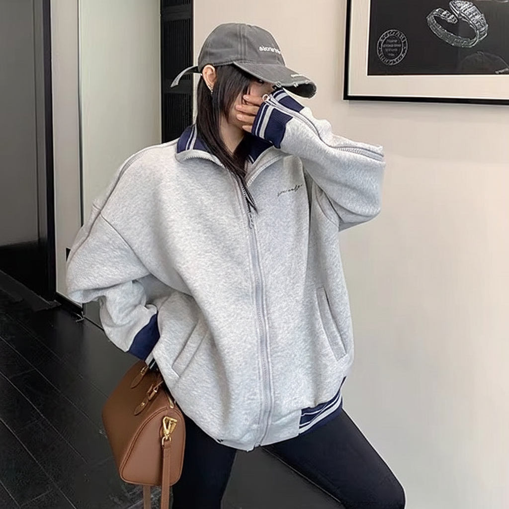 Zipper Accent Stand Collar Sweat Jacket OS2083