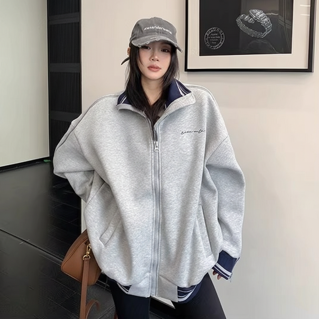 Zipper Accent Stand Collar Sweat Jacket OS2083