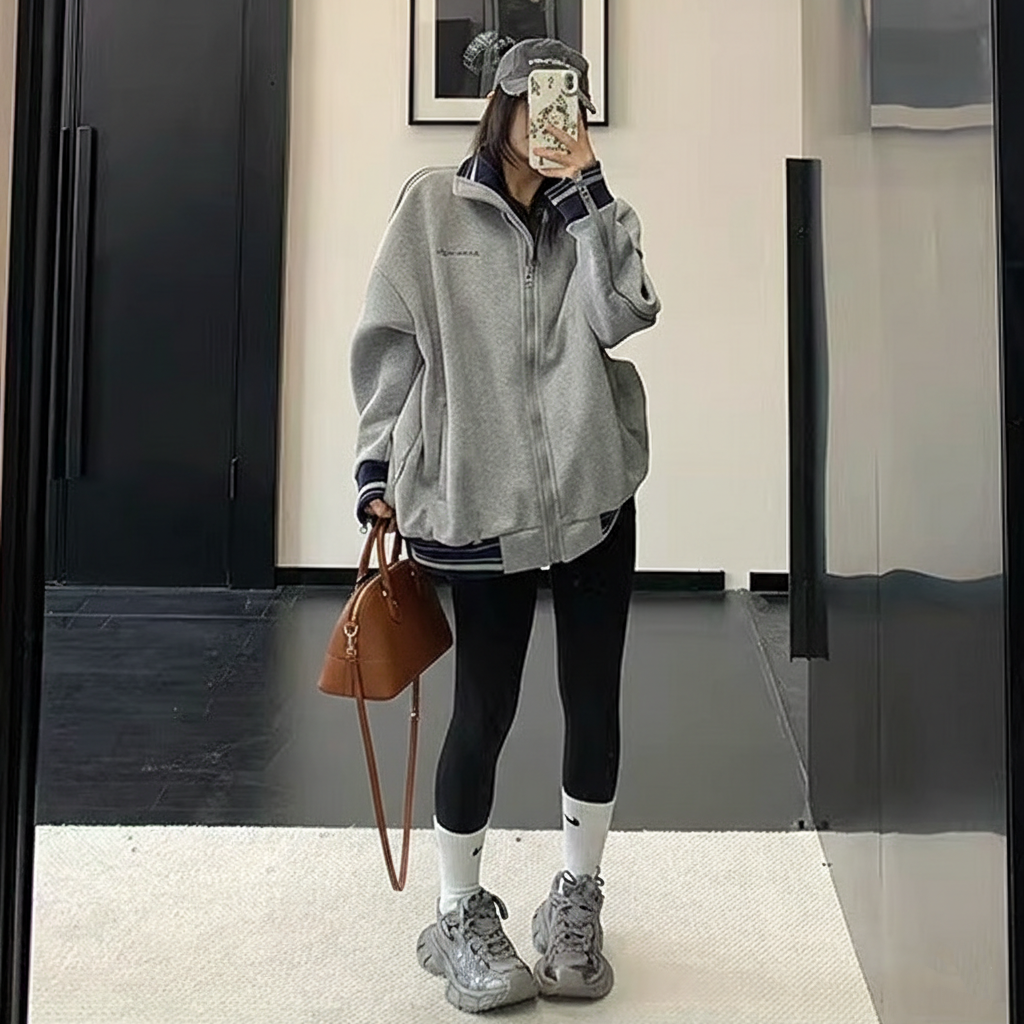 Zipper Accent Stand Collar Sweat Jacket OS2083