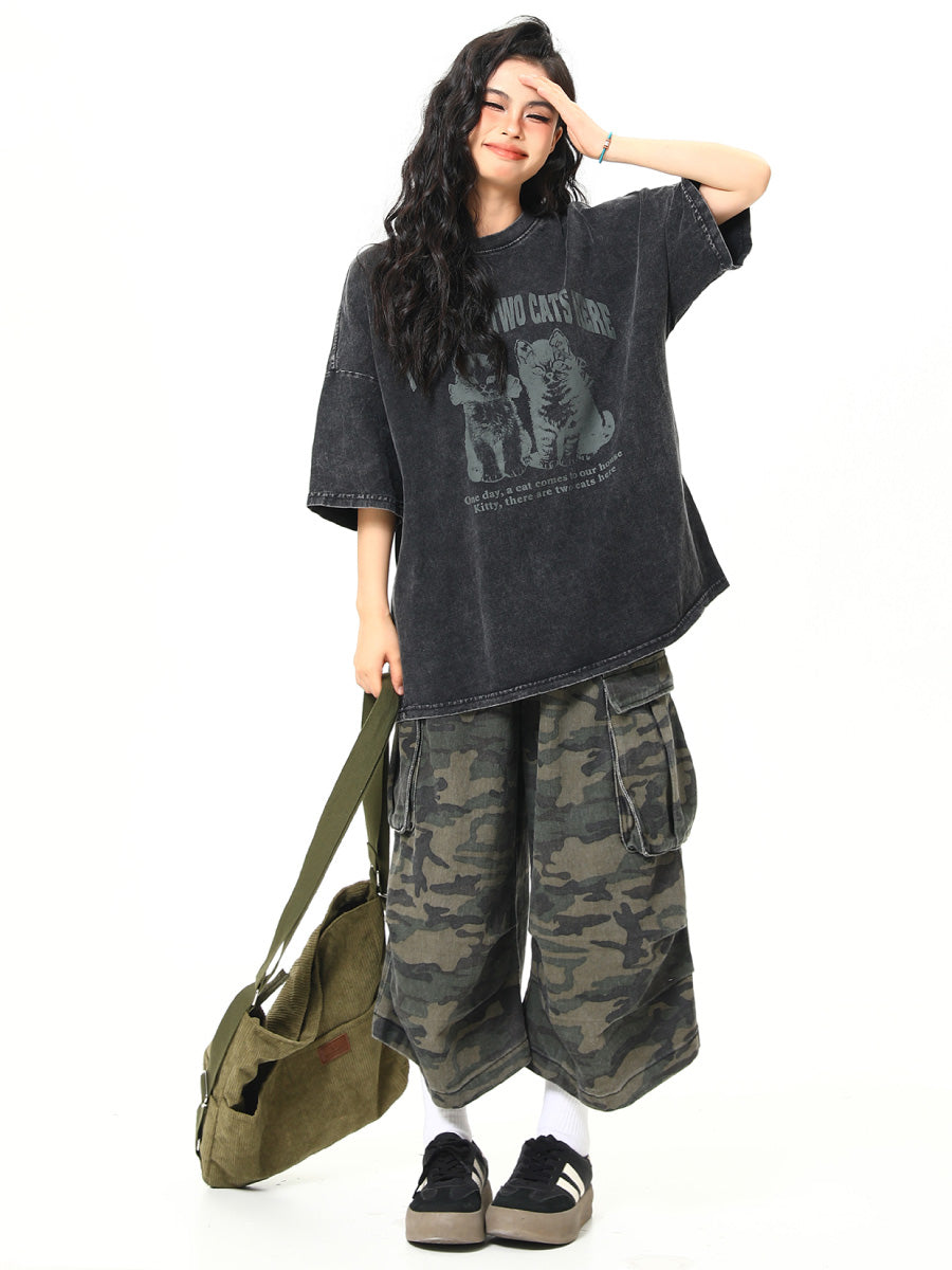 Washed Cat Print Oversize T-shirt HG7054