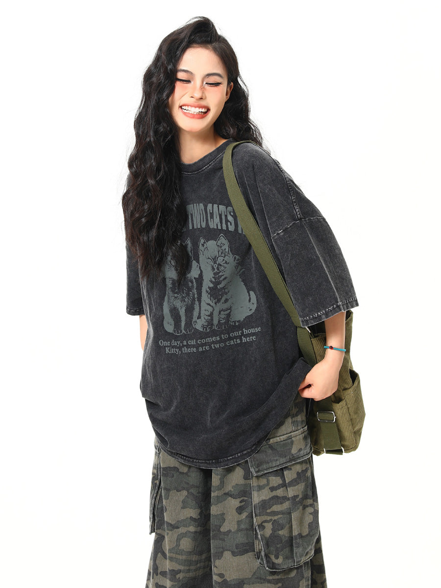 Washed Cat Print Oversize T-shirt HG7054