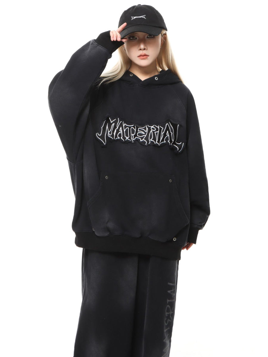 Stitch Letter Distressed Embroidery Oversize Hoodie HG7195
