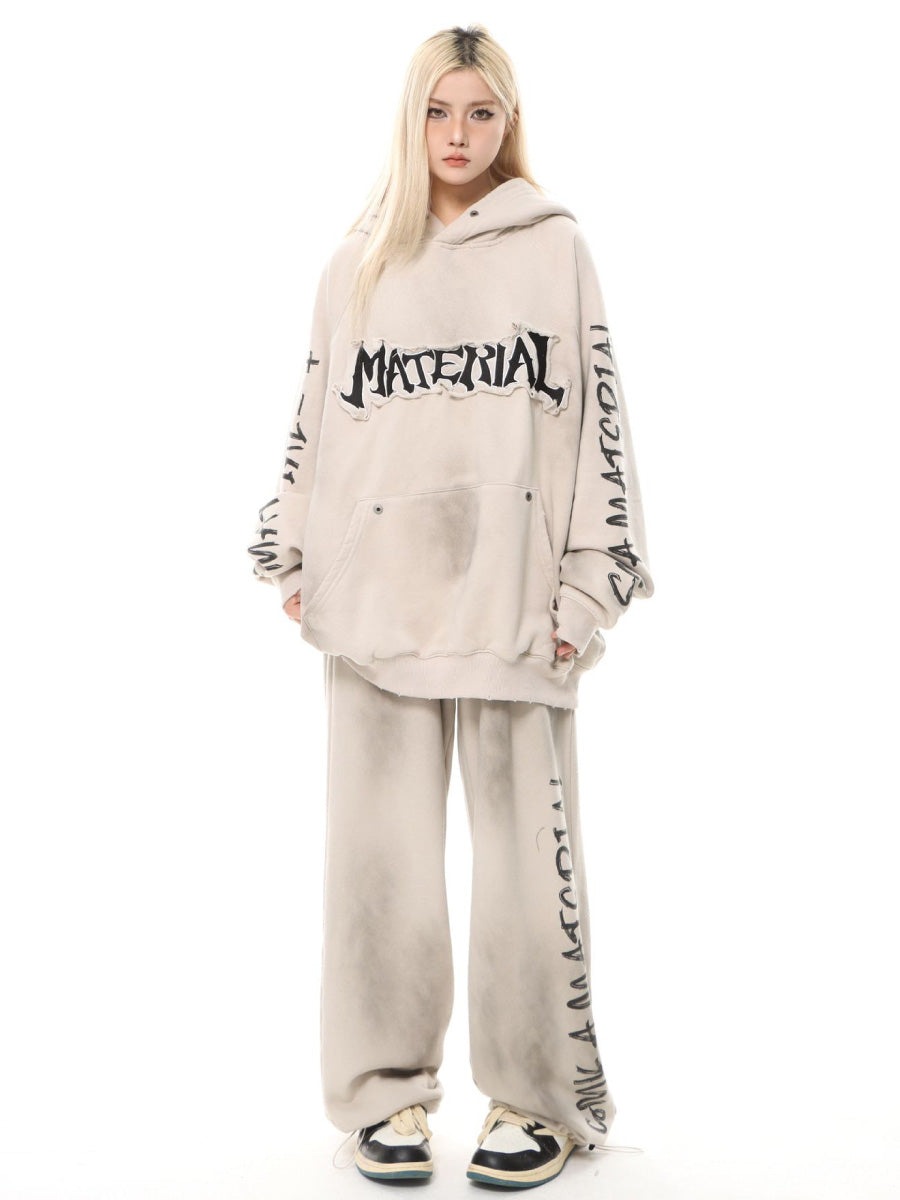 Stitch Letter Distressed Embroidery Oversize Hoodie HG7195
