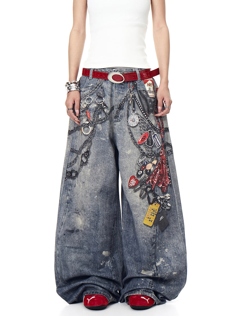 3D Chain Print Wide-leg Jeans MW10194