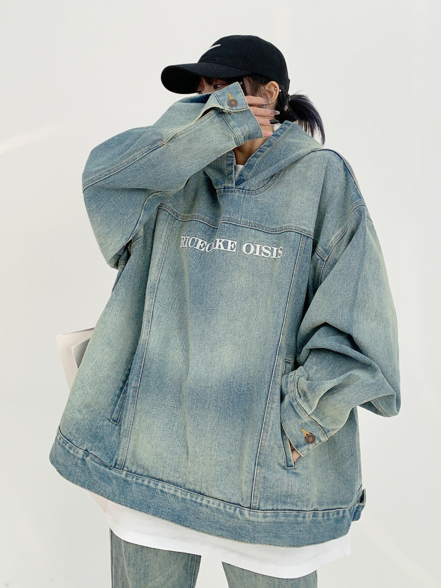 Embroidered Damage Denim Hooded Pullover Jacket MW9865