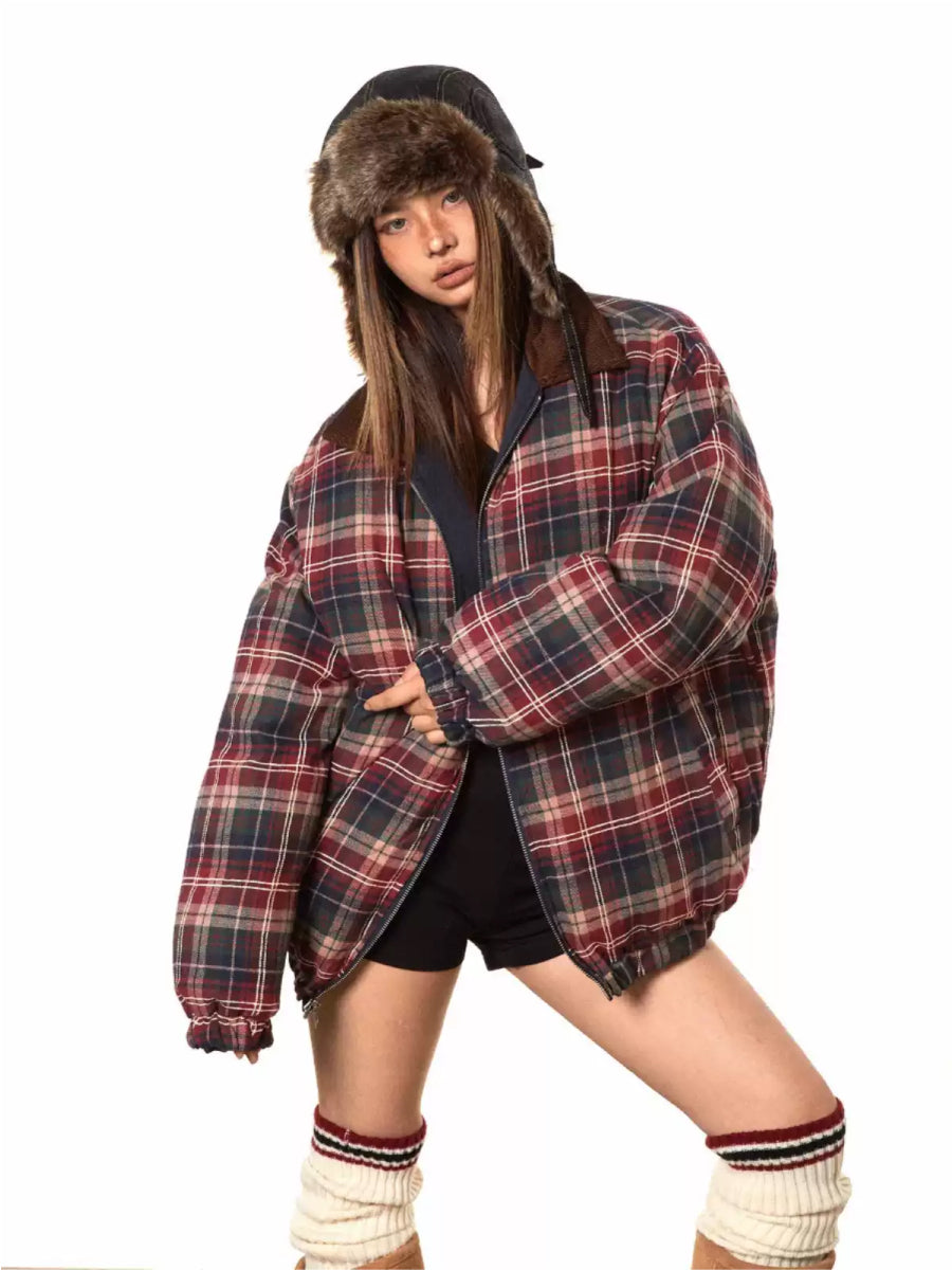 Reversible Plaid Loose Zipper Padded Jacket MY28