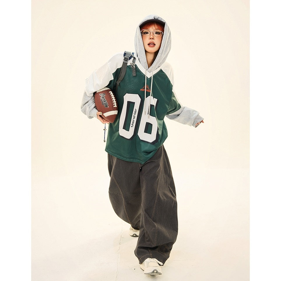 Vintage Fake Layered Sporty Hooded Pullover MW9333