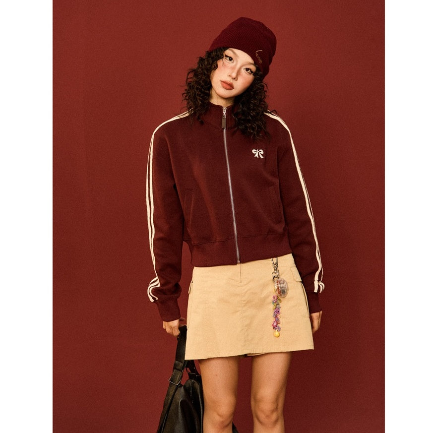 Retro College Bow Embroidery Cropped Track Jacket MW9430