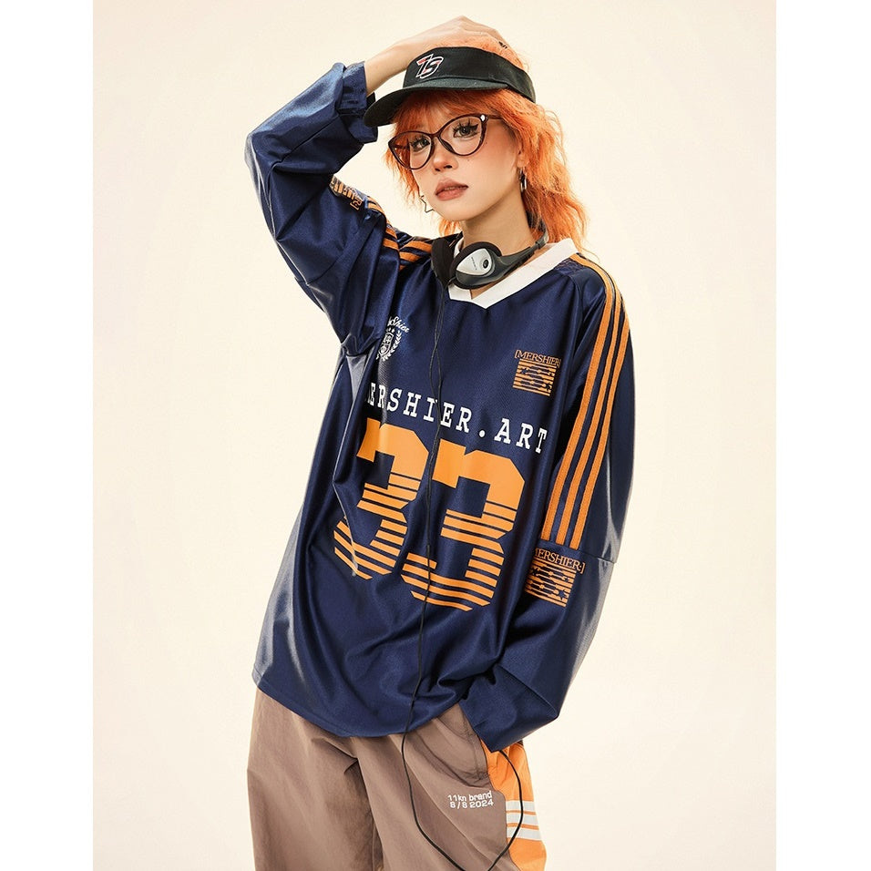 V-neck Sports Style Jersey Long-sleeved T-shirt MW9285