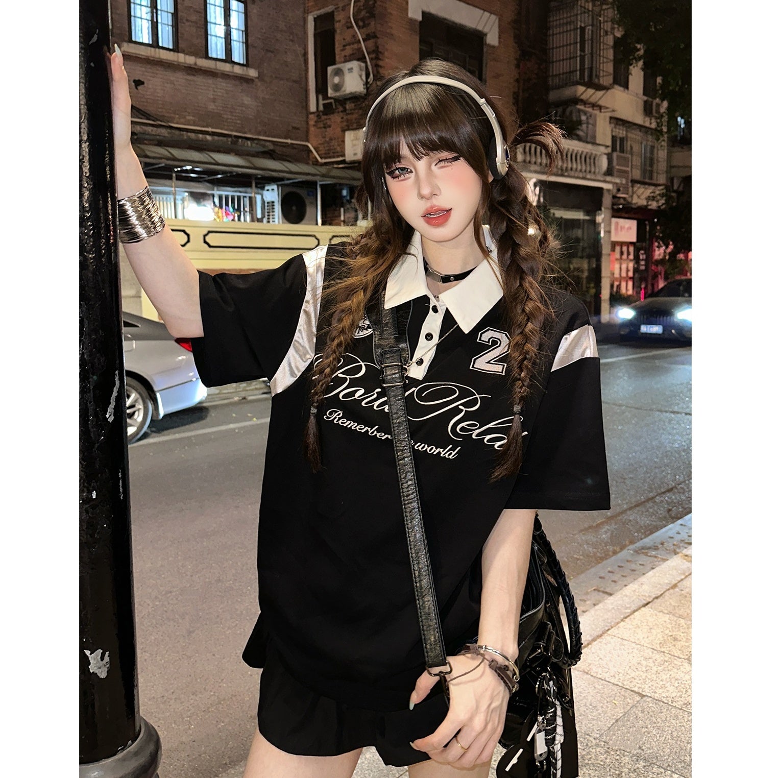 Bicolor Polo Collar Loose T-shirt KK2050