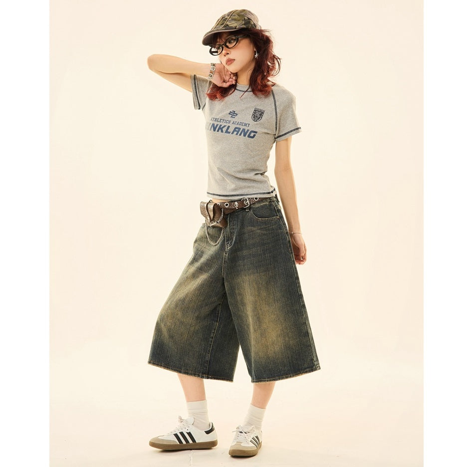 Vintage Wash Distressed Denim Wide-leg Cropped Pants MW9267