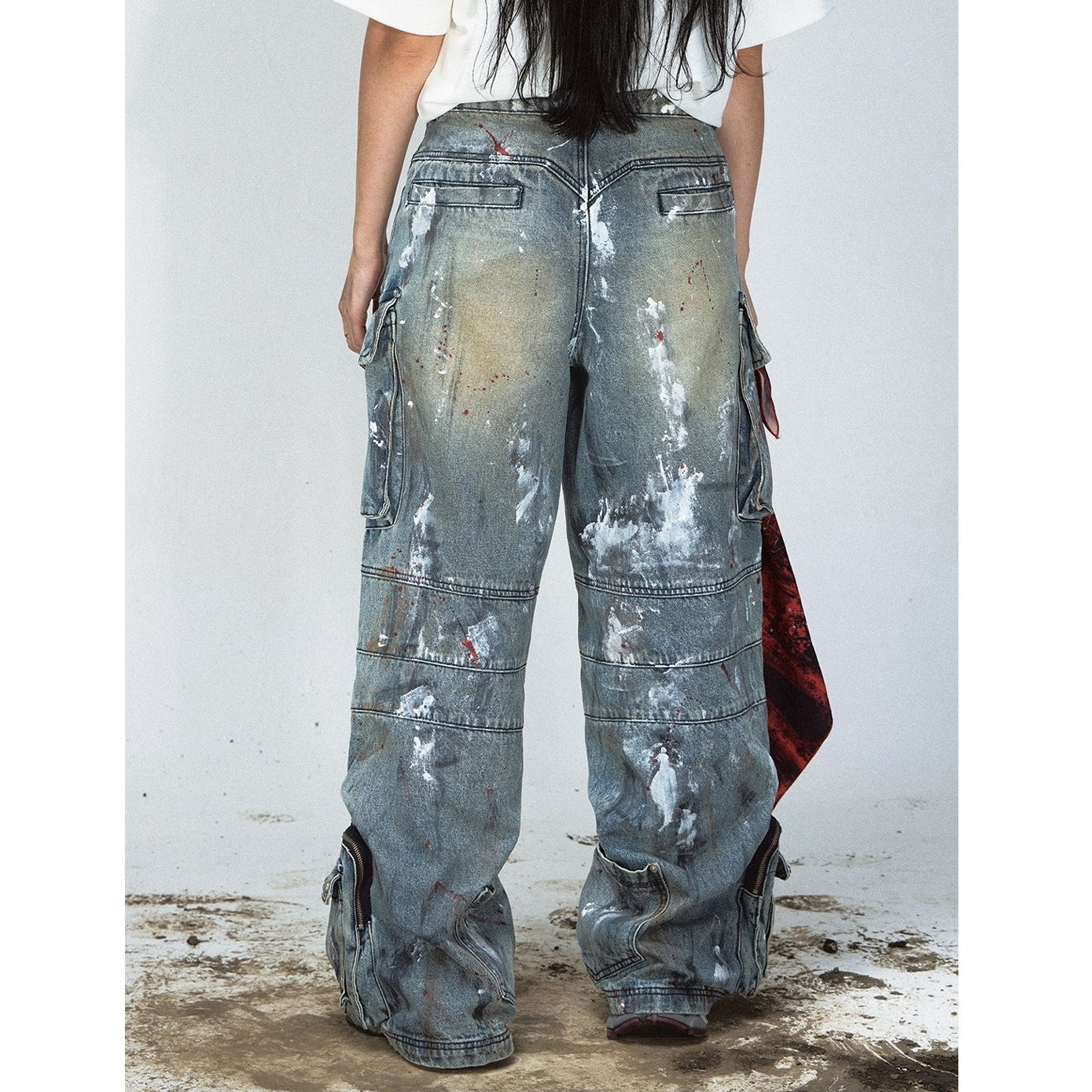 Graffiti Paint Design Multi-pocket Wide-leg Jeans PS7007