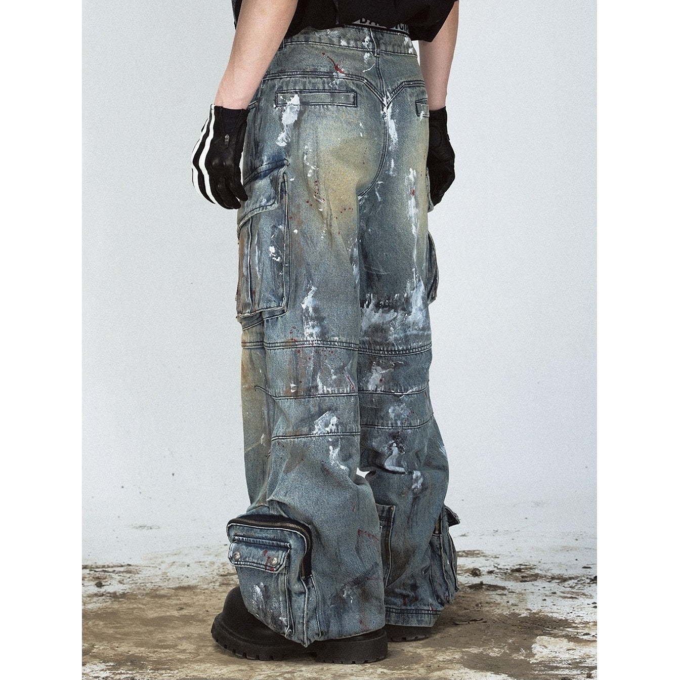 Graffiti Paint Design Multi-pocket Wide-leg Jeans PS7007