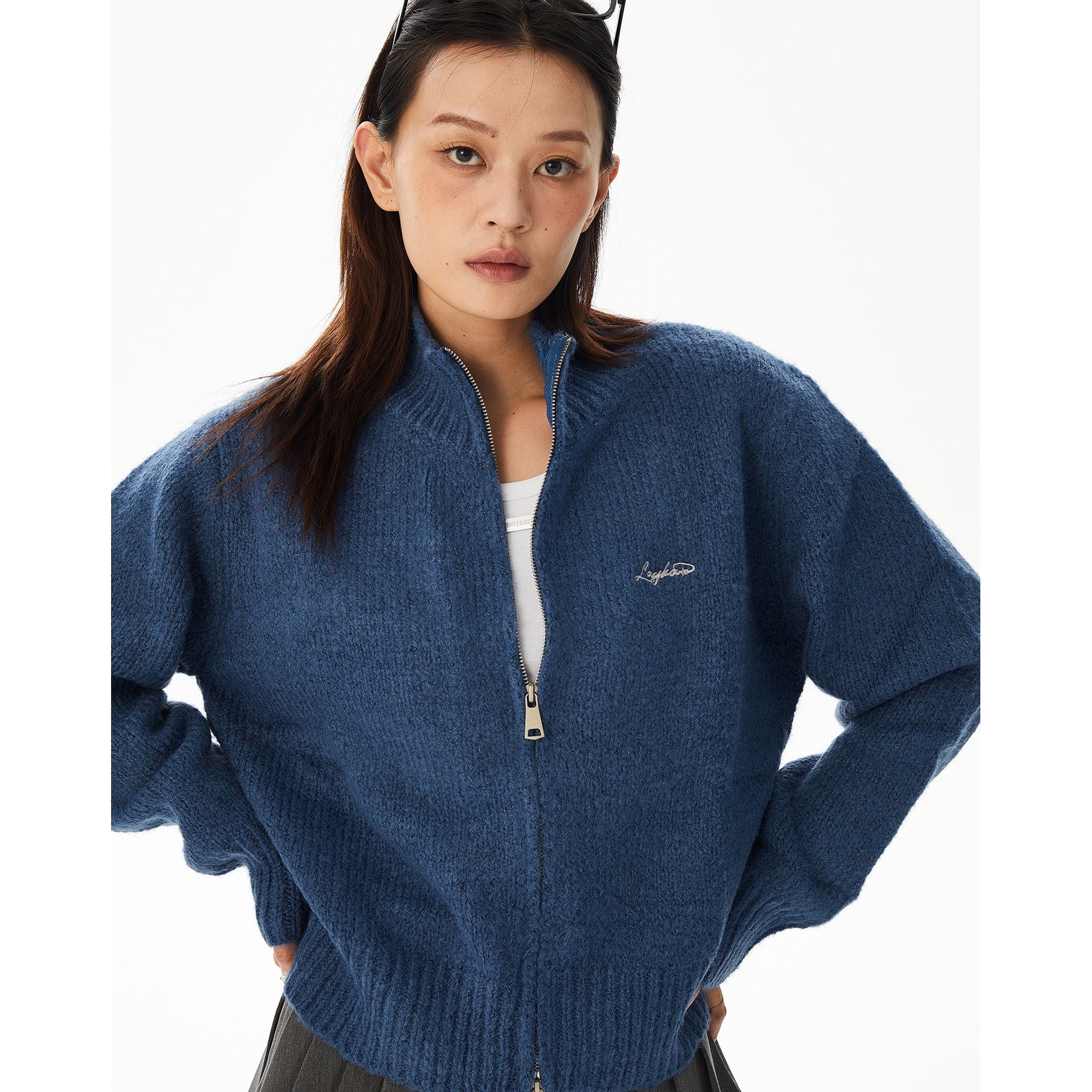 Double Zipper Stand Collar Jacquard Knit Jacket MW9633