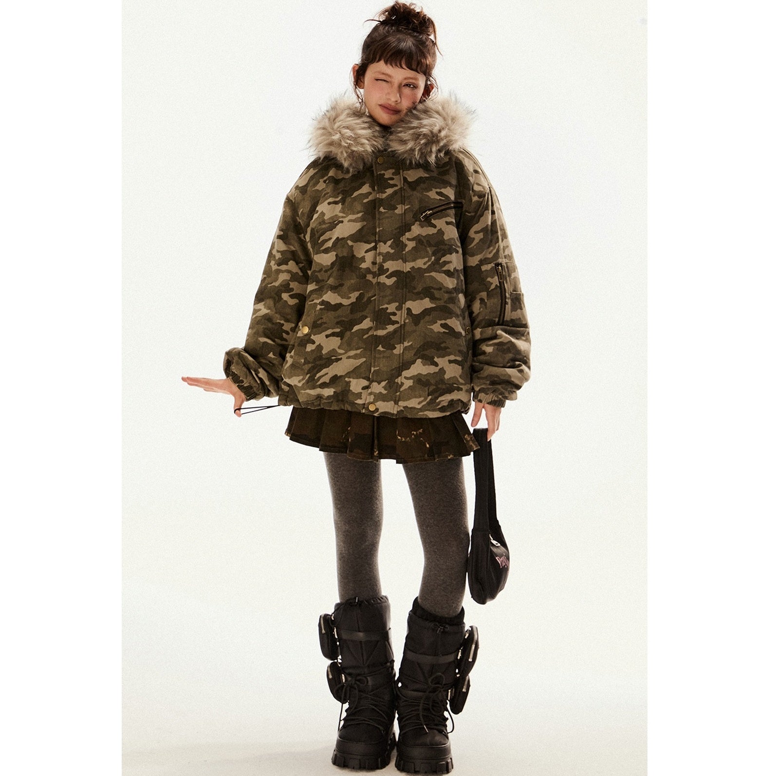 Military Style Camouflage Fur Collar Hooded Jacket EZ205