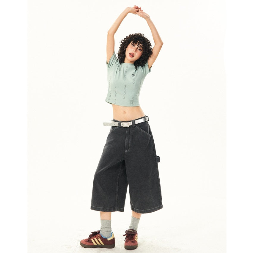 Washed Denim Stitch Design Cropped Pants YS7012