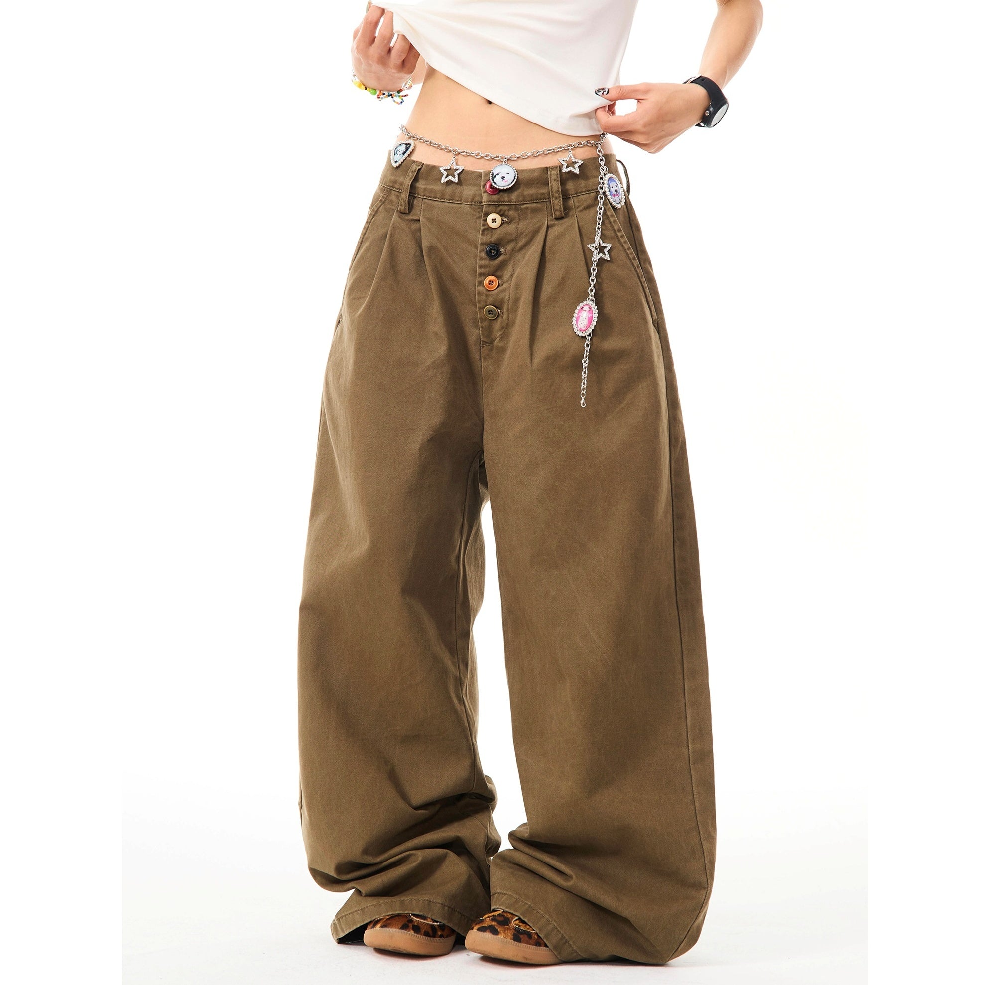 Color Button Wide Straight Pants MW10099