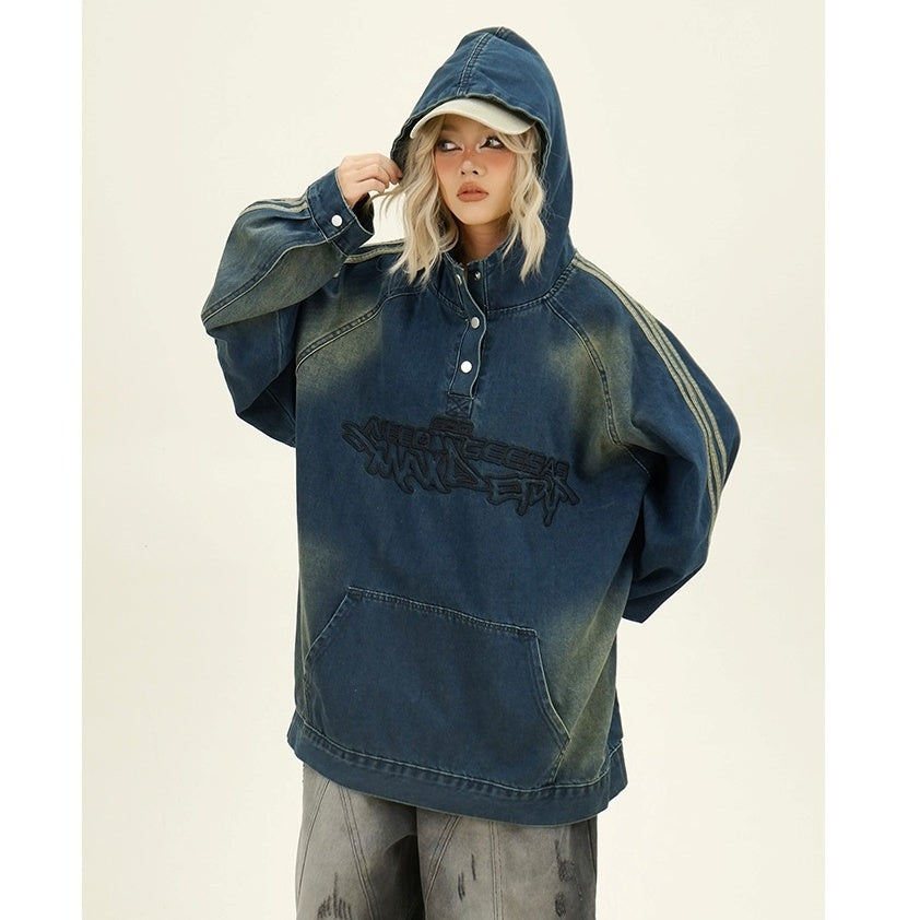 Letter Embroidery Denim Hooded Pullover MW9943