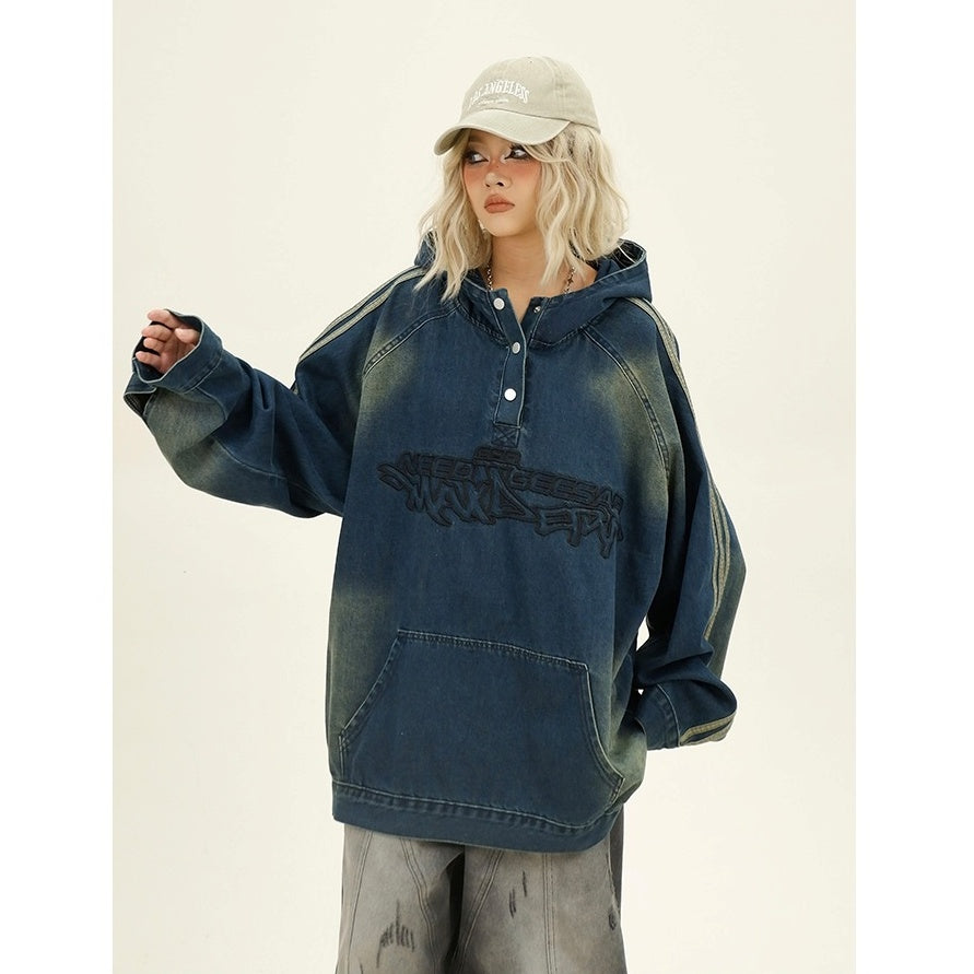 Letter Embroidery Denim Hooded Pullover MW9943