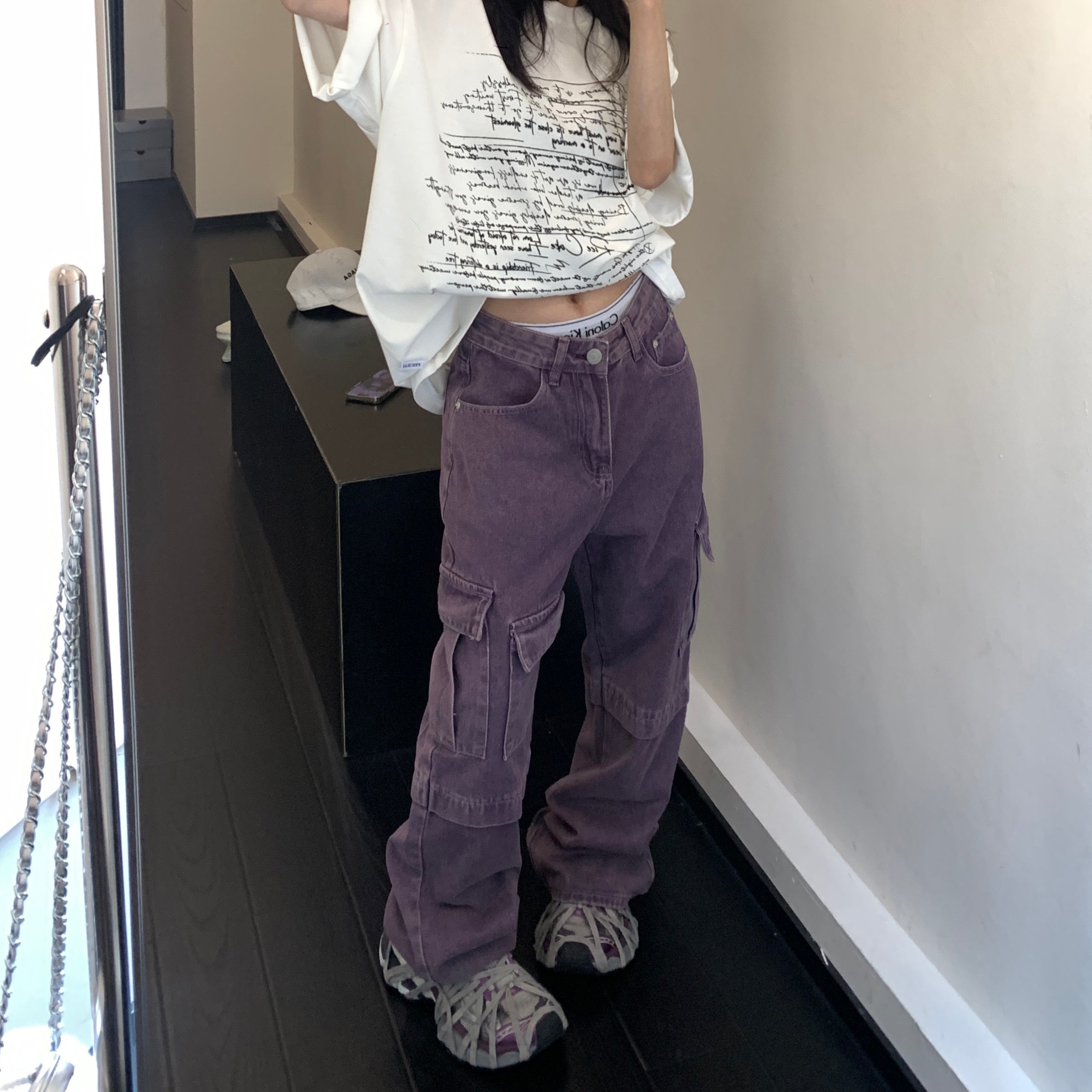 Wash Purple Straight-leg Denim Cargo Pants MW9315