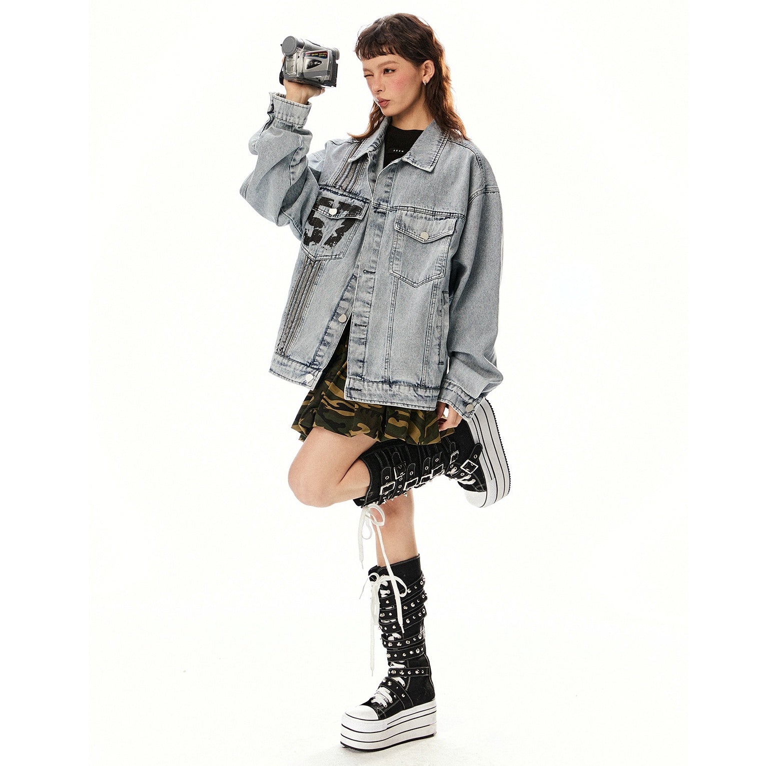 Number Print Oversize Denim Jacket EZ233