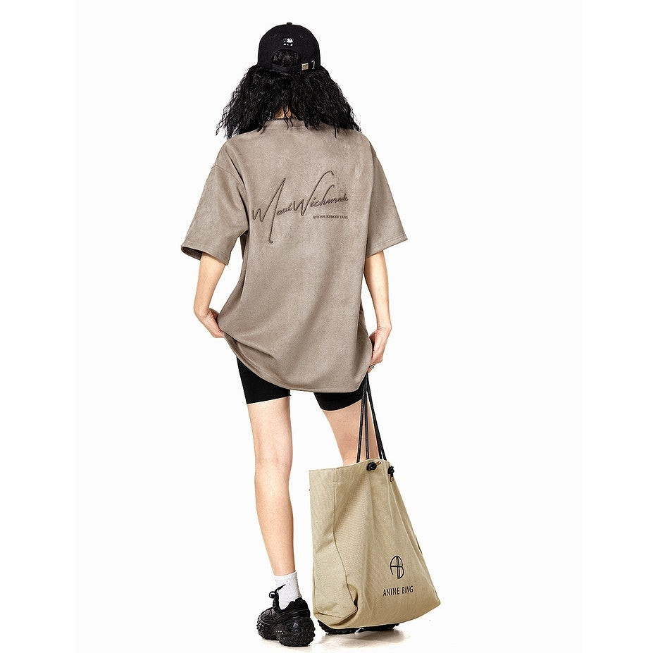 Embroidered Lettering Texture Suede Style T-shirt MW9121
