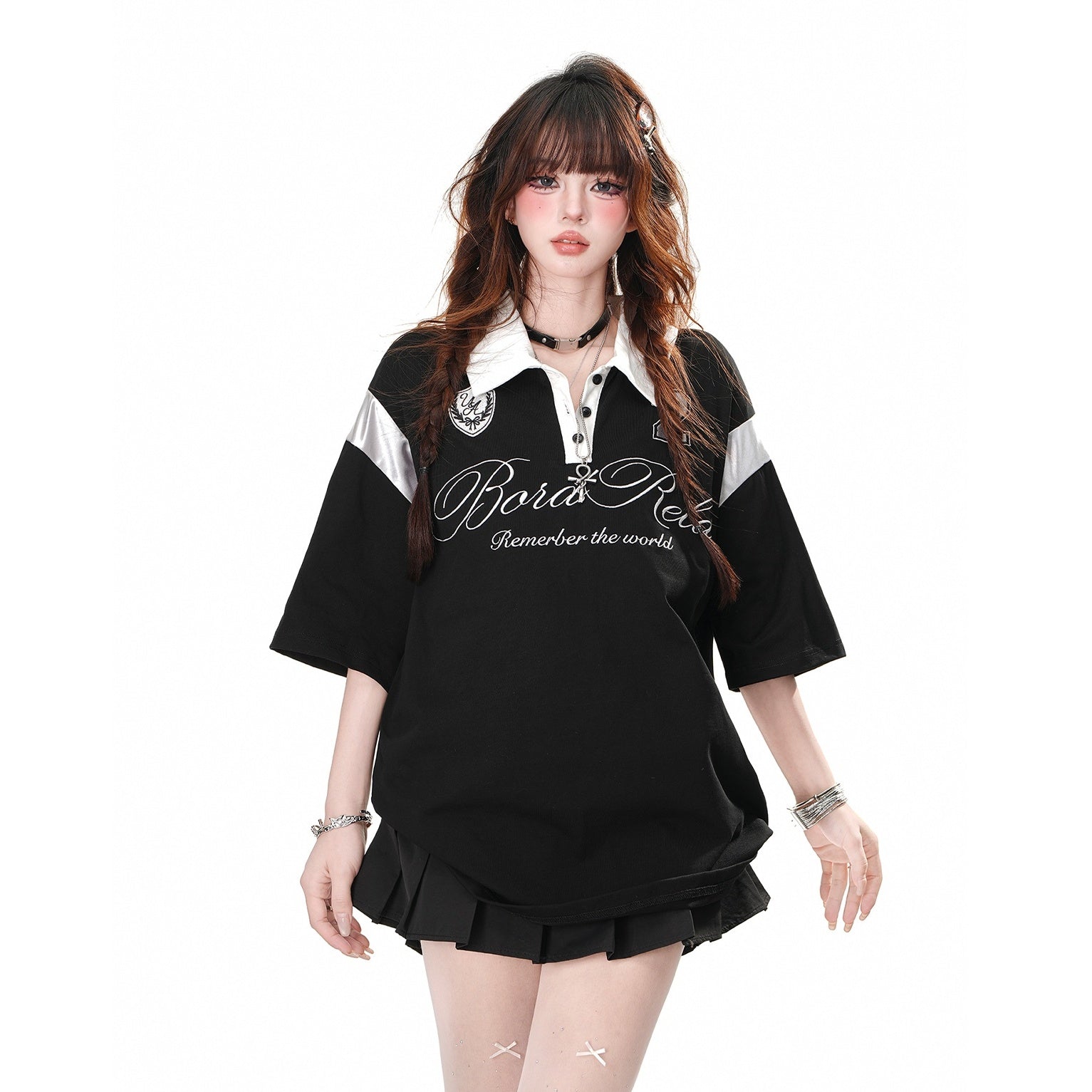 Bicolor Polo Collar Loose T-shirt KK2050