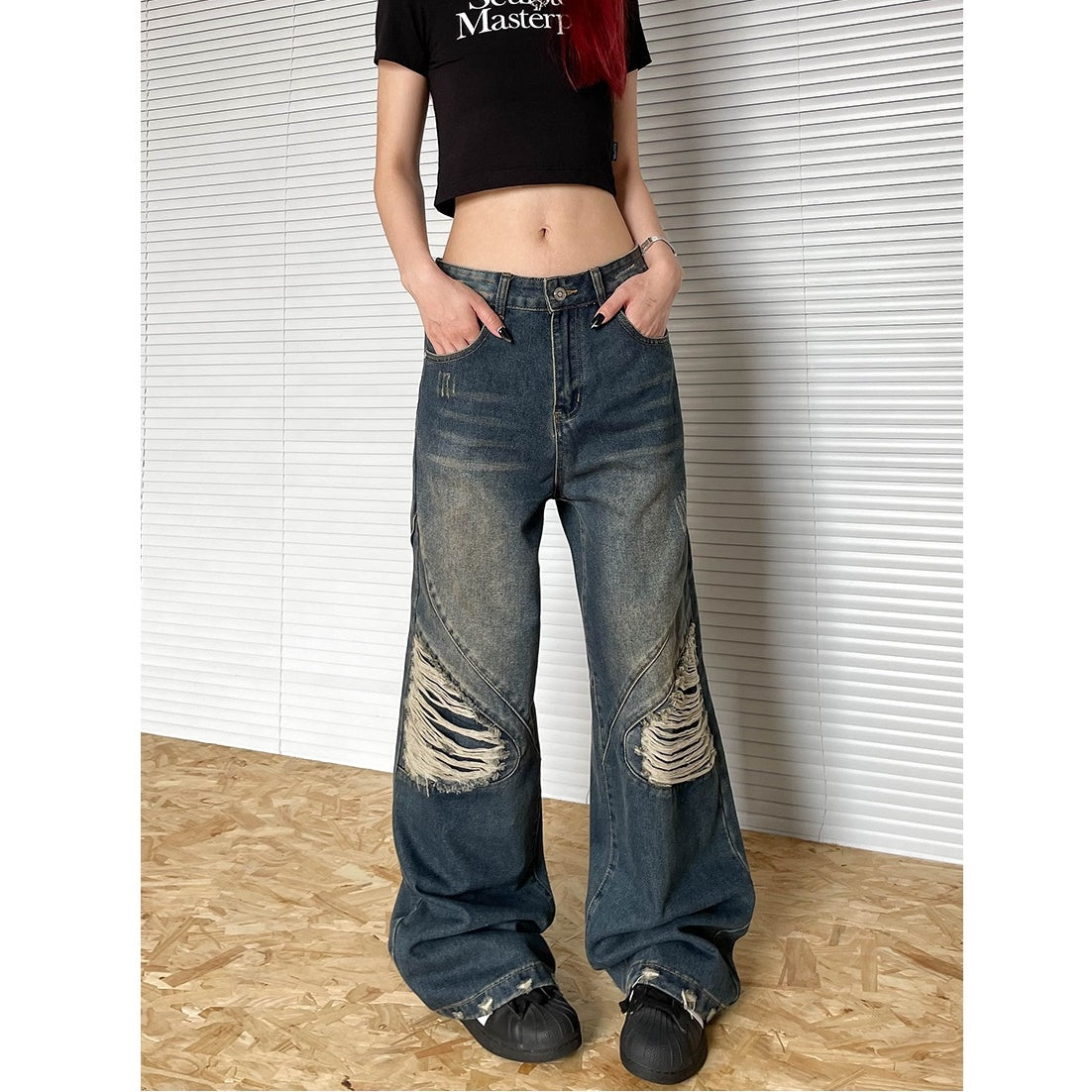 Fake Ripped Wide-leg Straight Jeans