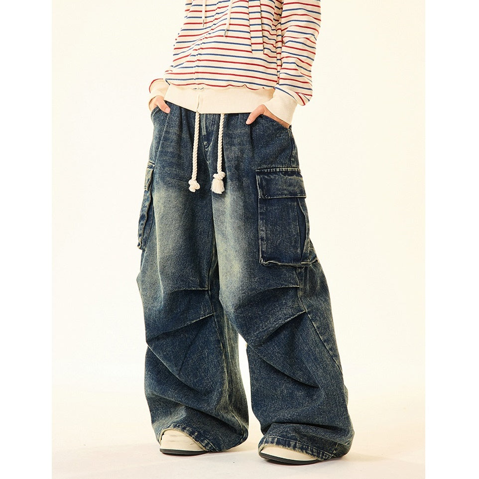 Washed Cargo Wide-leg Work Jeans MW9427