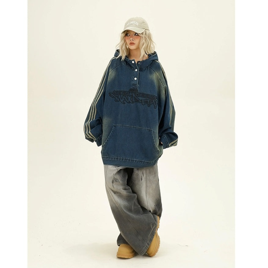 Letter Embroidery Denim Hooded Pullover MW9943