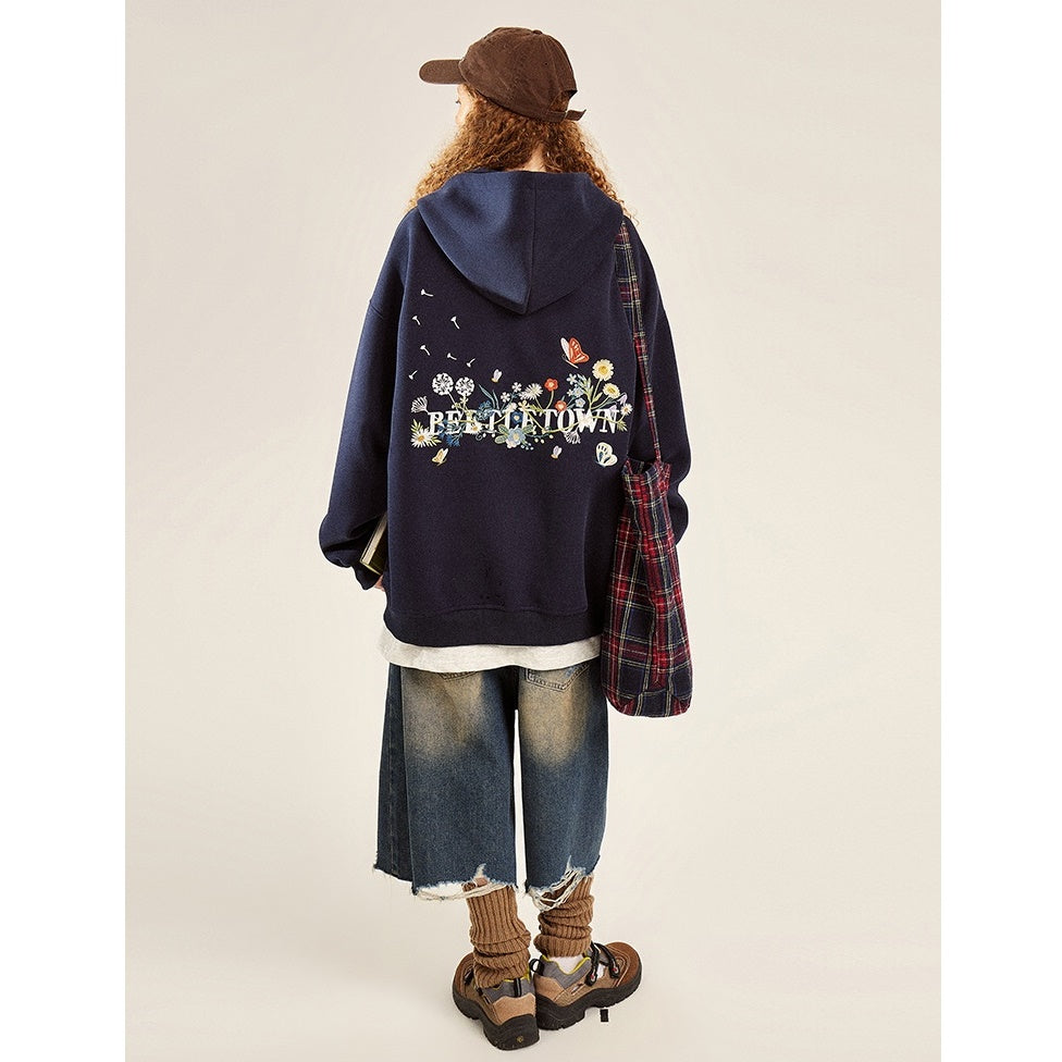 Back Floral Embroidered Zip Hooded Parka BT7032