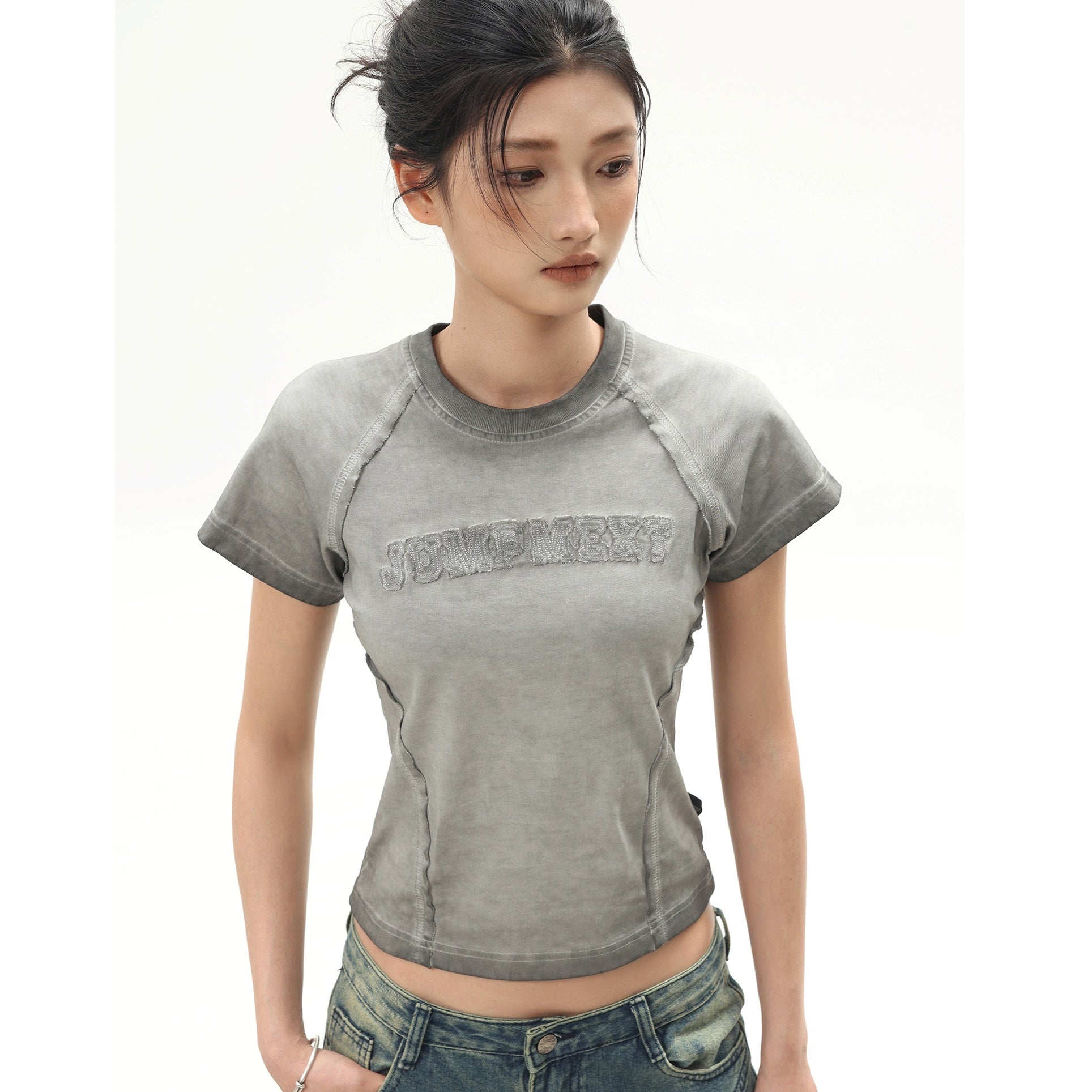 Niche Distressed Patch Embroidery Cropped T-Shirt JN7009