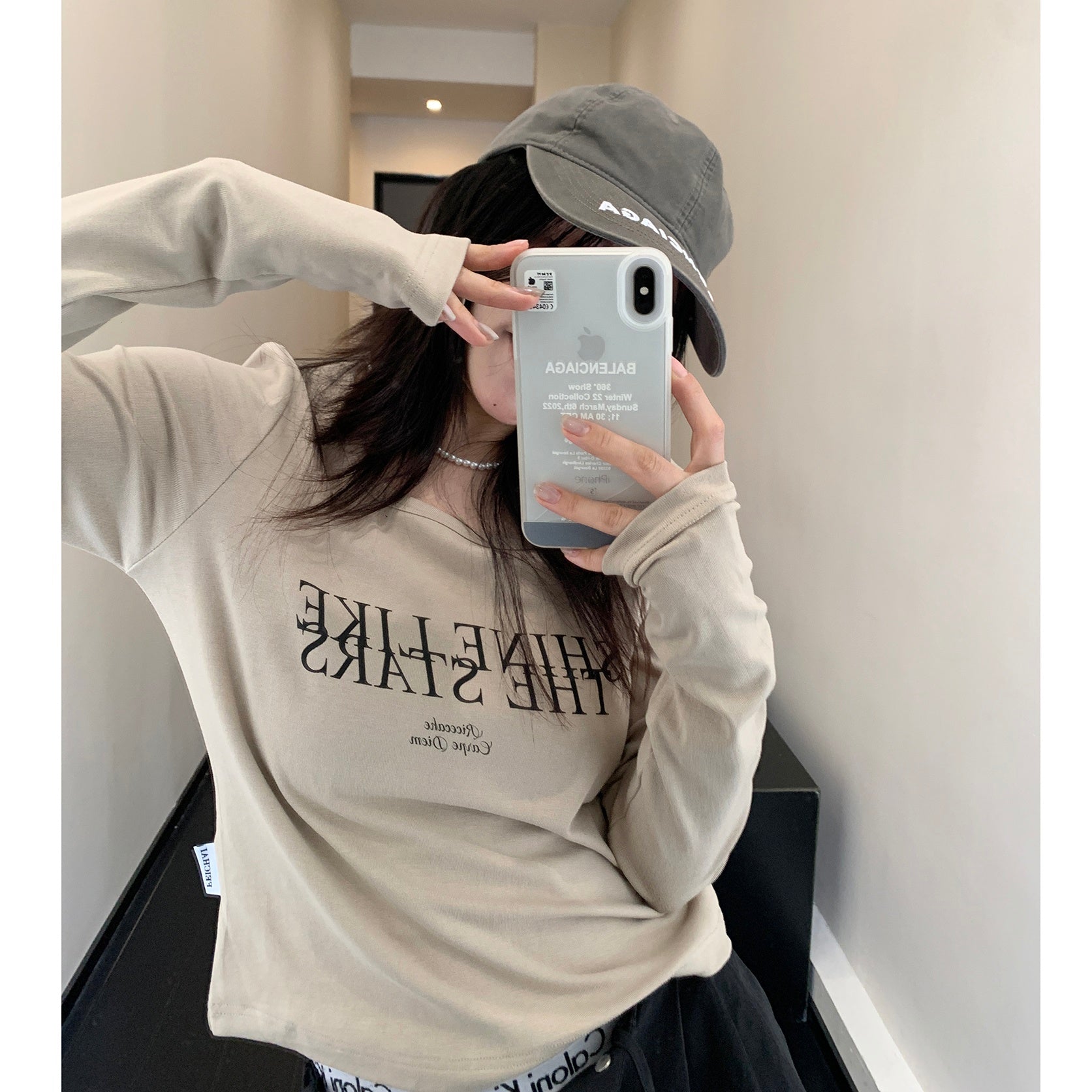 Slim Square Collar Letter Long T-shirt MW9311