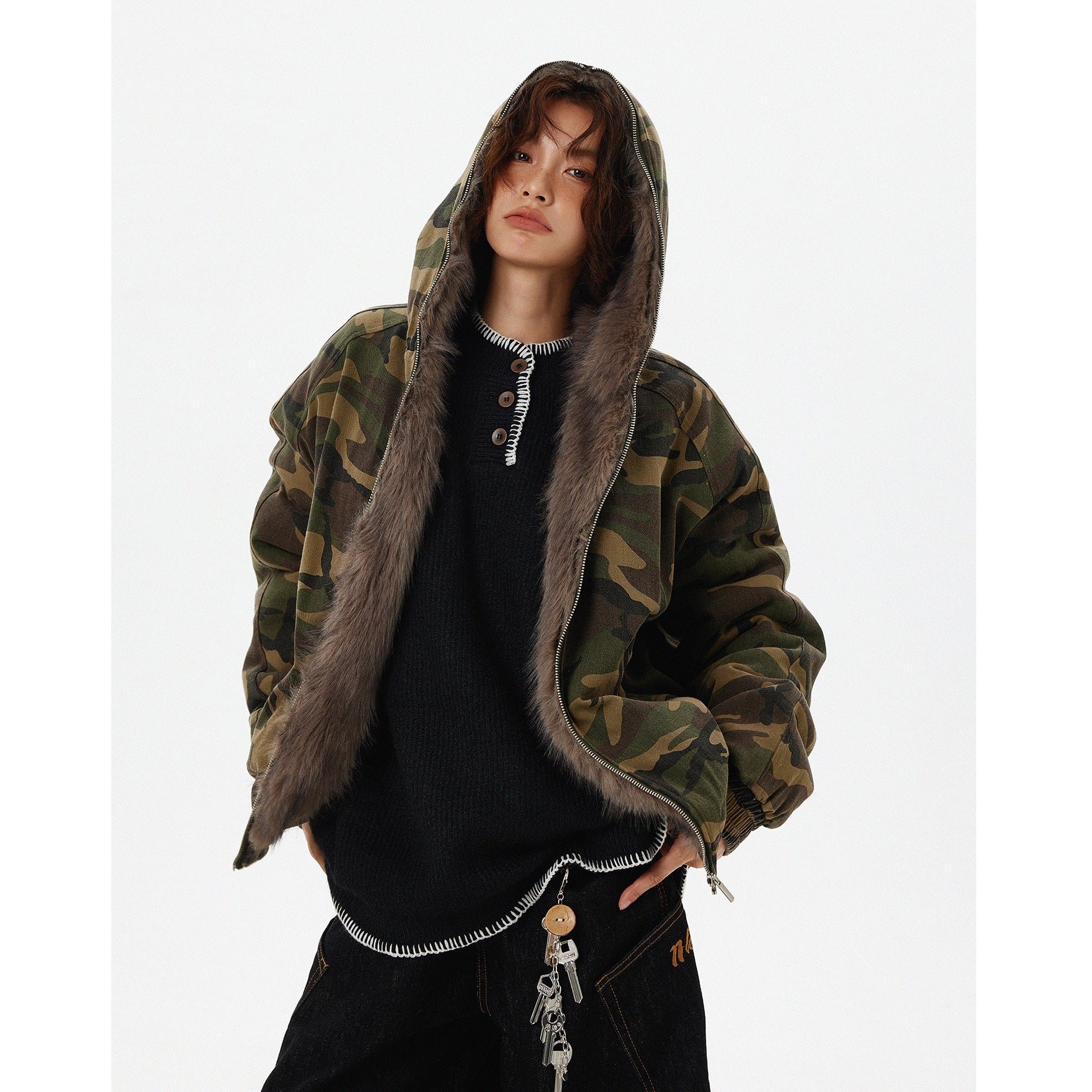 Fur Collar Camouflage Padded Hooded Jacket MW9720