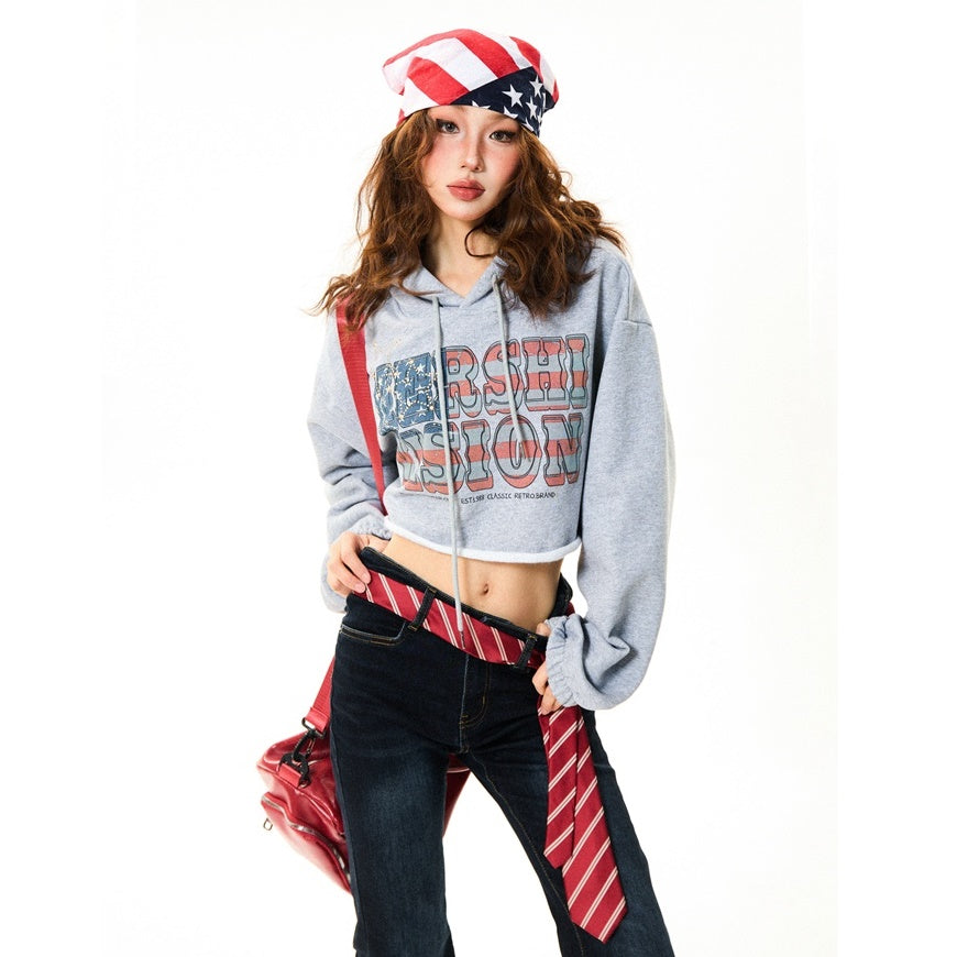 Print Cropped Wide Hoodie MW9801