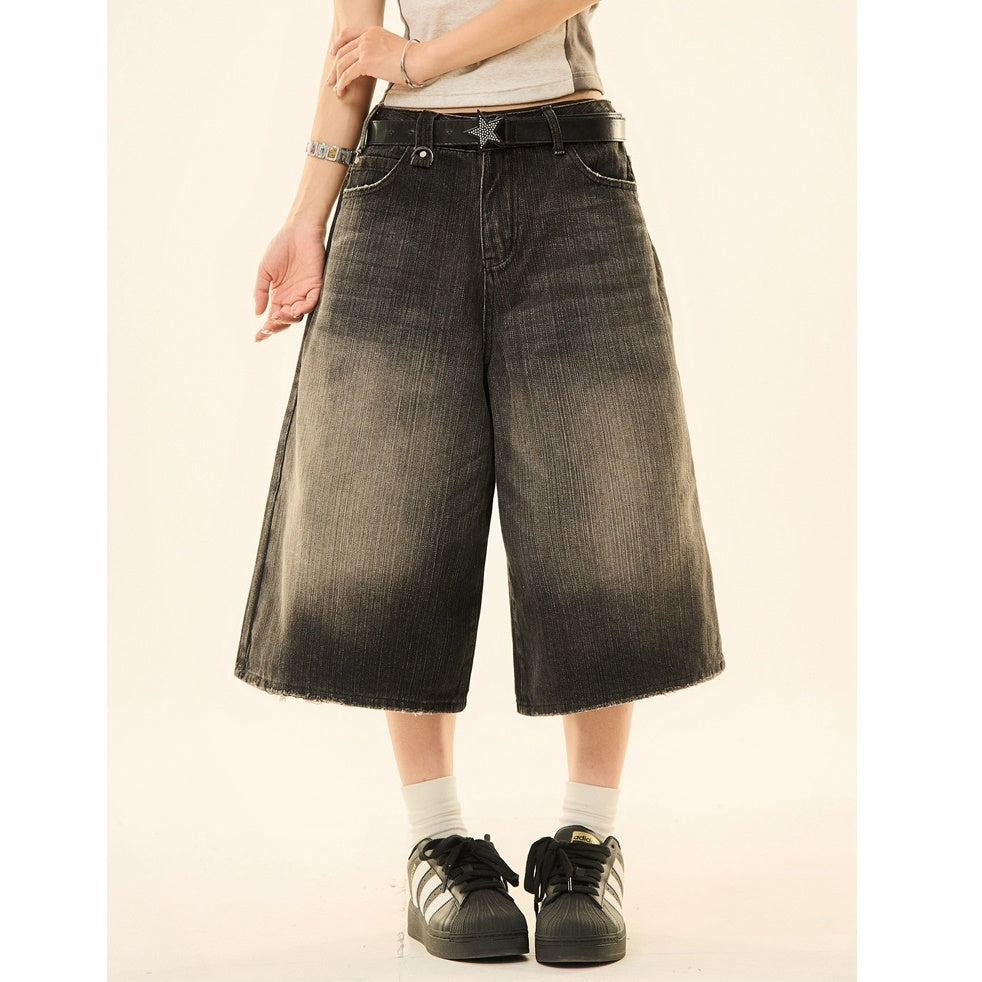 Vintage Wash Distressed Denim Wide-leg Cropped Pants MW9267