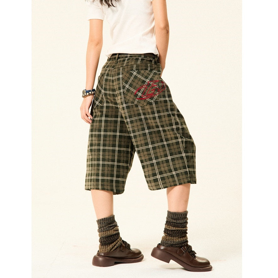 Retro Plaid Straight Leg Loose Cropped Pants YS7011