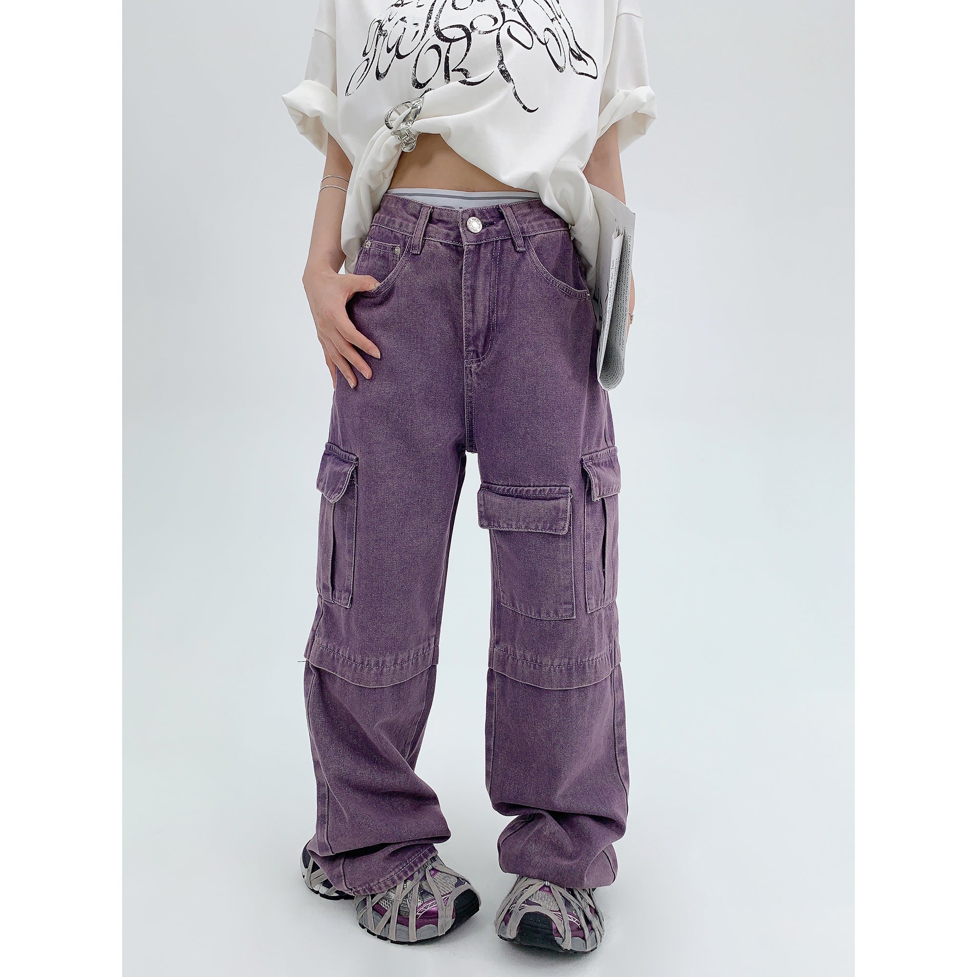 Wash Purple Straight-leg Denim Cargo Pants MW9315