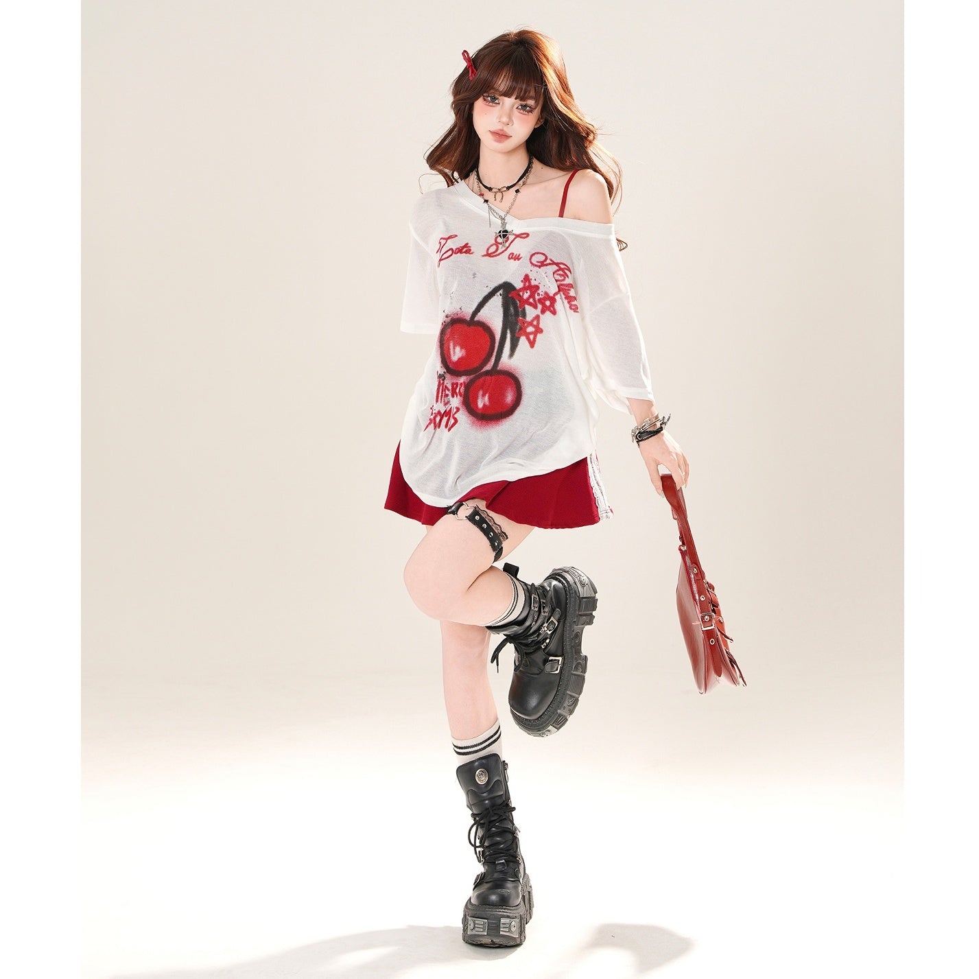 Cherry Print Loose Slanted Shoulder T-Shirt KK2035