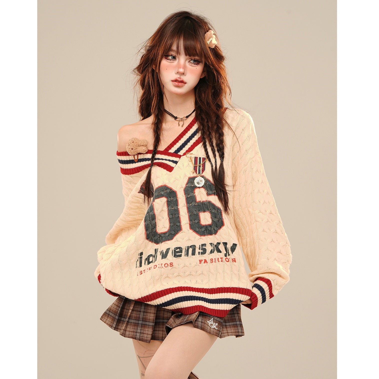 College Style Loose V-neck Cable Sweater KK2019