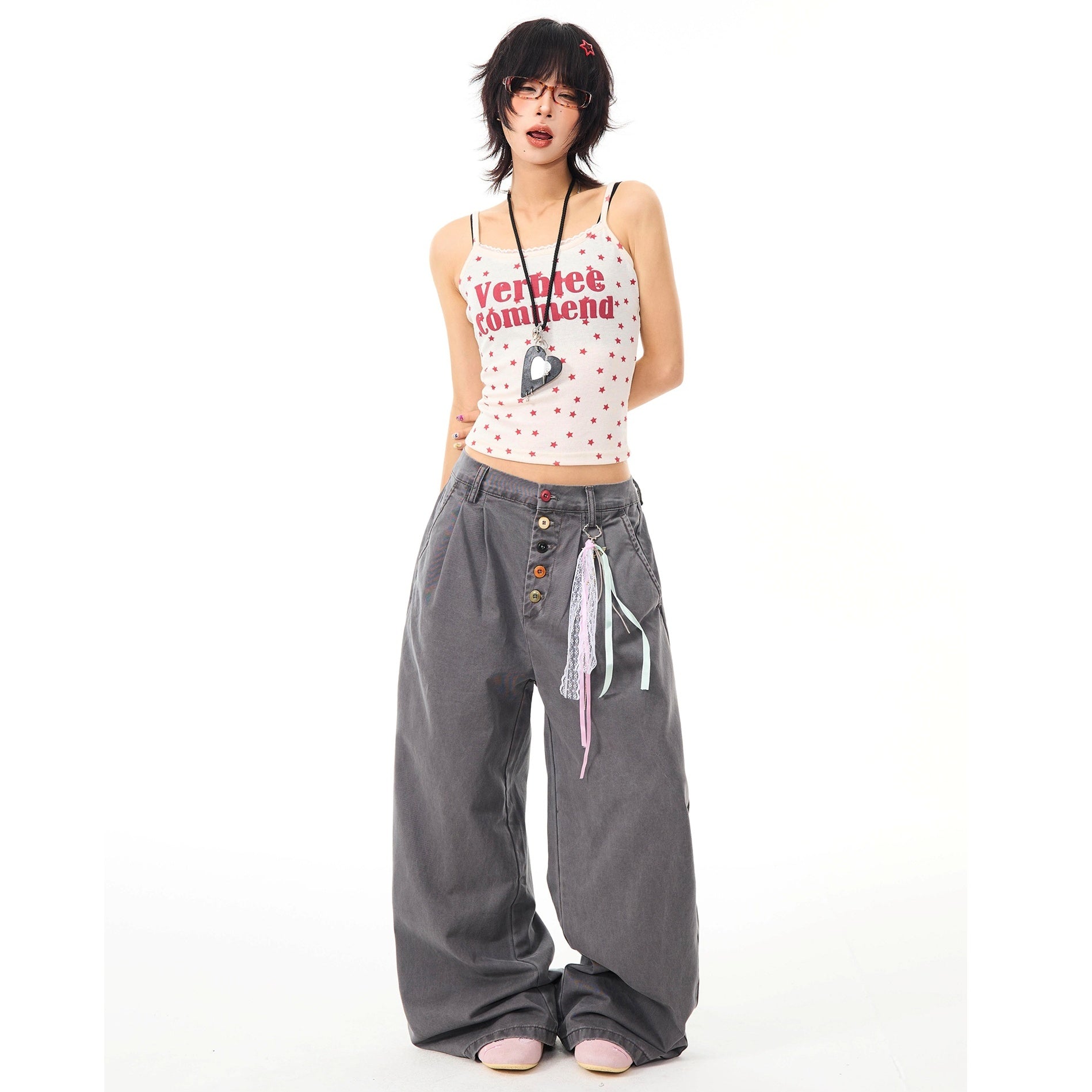 Color Button Wide Straight Pants MW10099