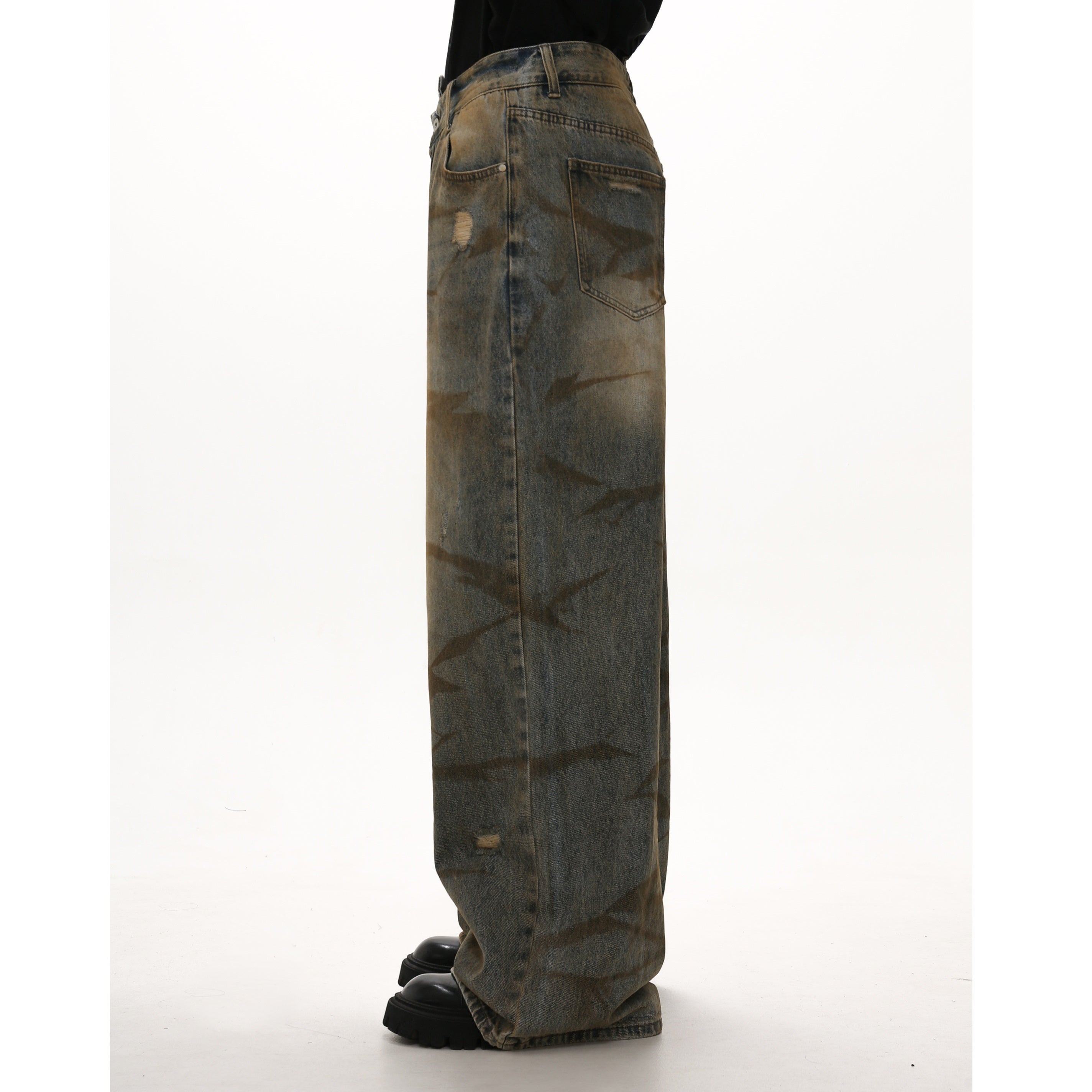 Wasteland Style Yellow Clay Dirty Distressed Wide-leg Jeans GB7011