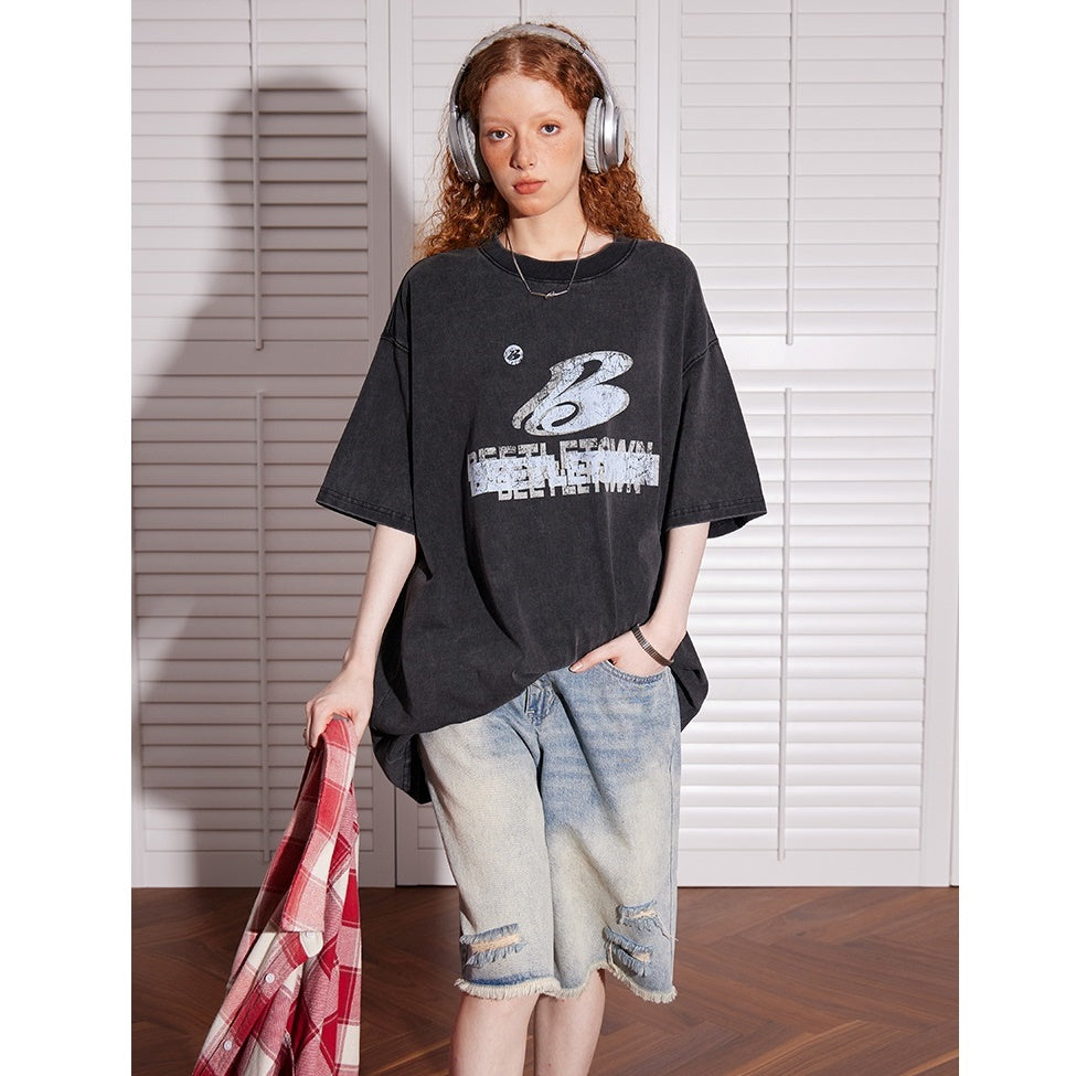 Washed Distressed Printed Oversize T-Shirt BT7010