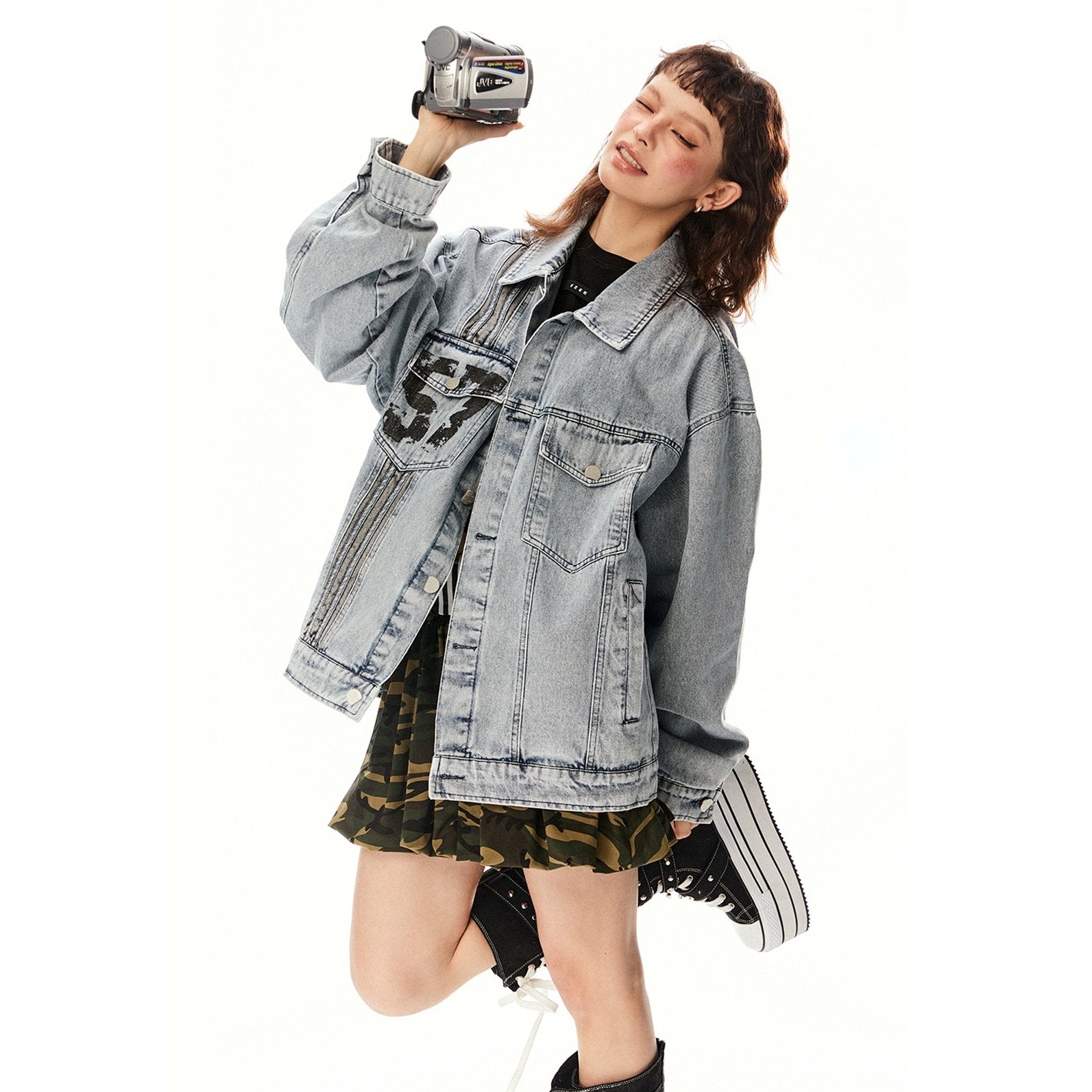 Number Print Oversize Denim Jacket EZ233