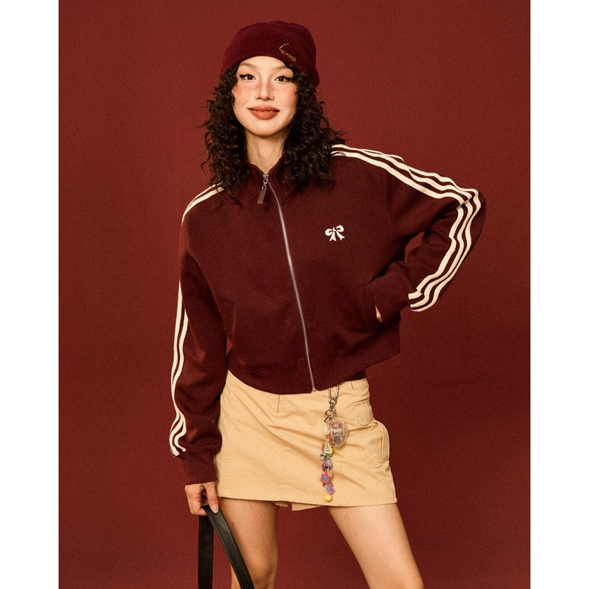 Retro College Bow Embroidery Cropped Track Jacket MW9430