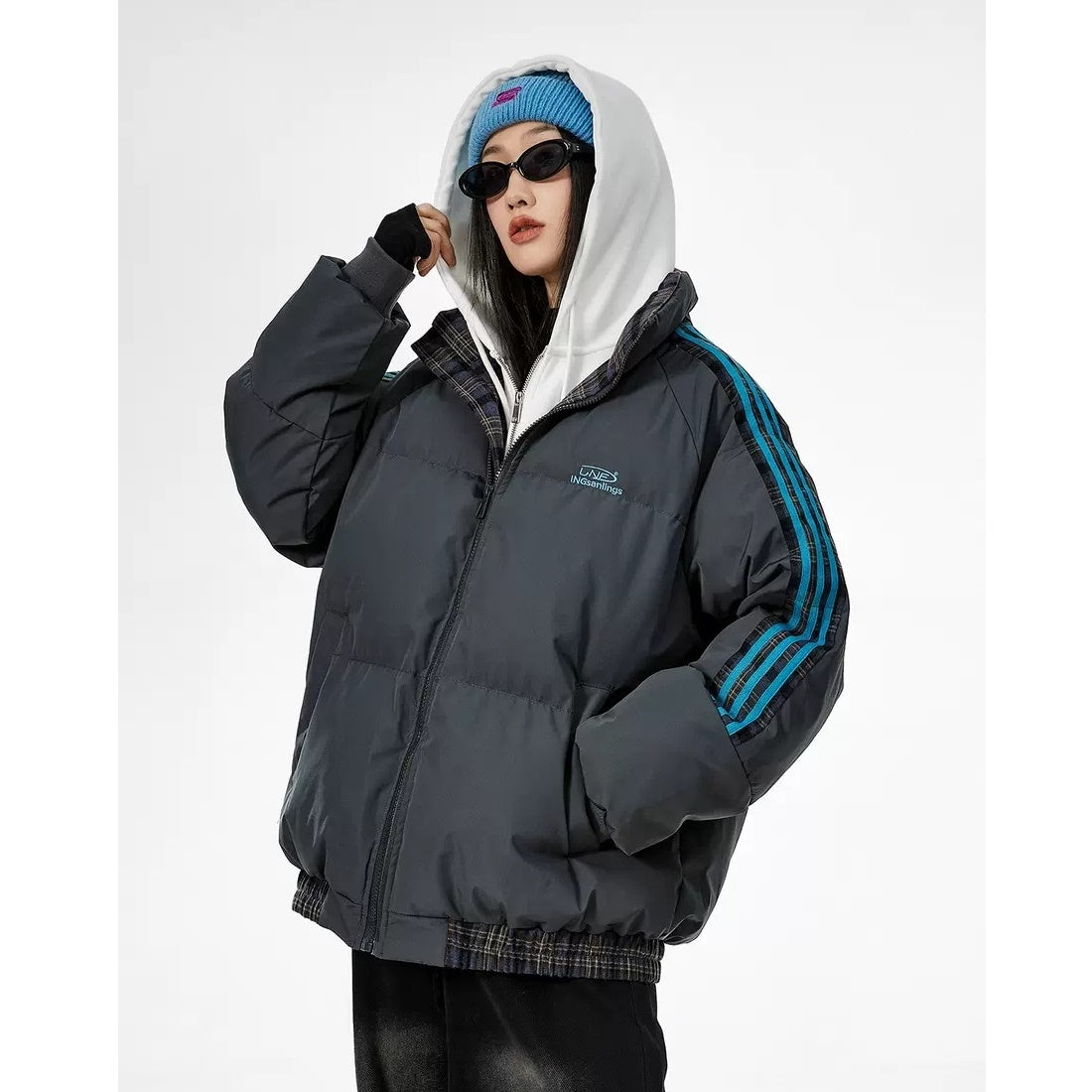 Contrast Check Striped Stand Collar Padded Jacket IC9003