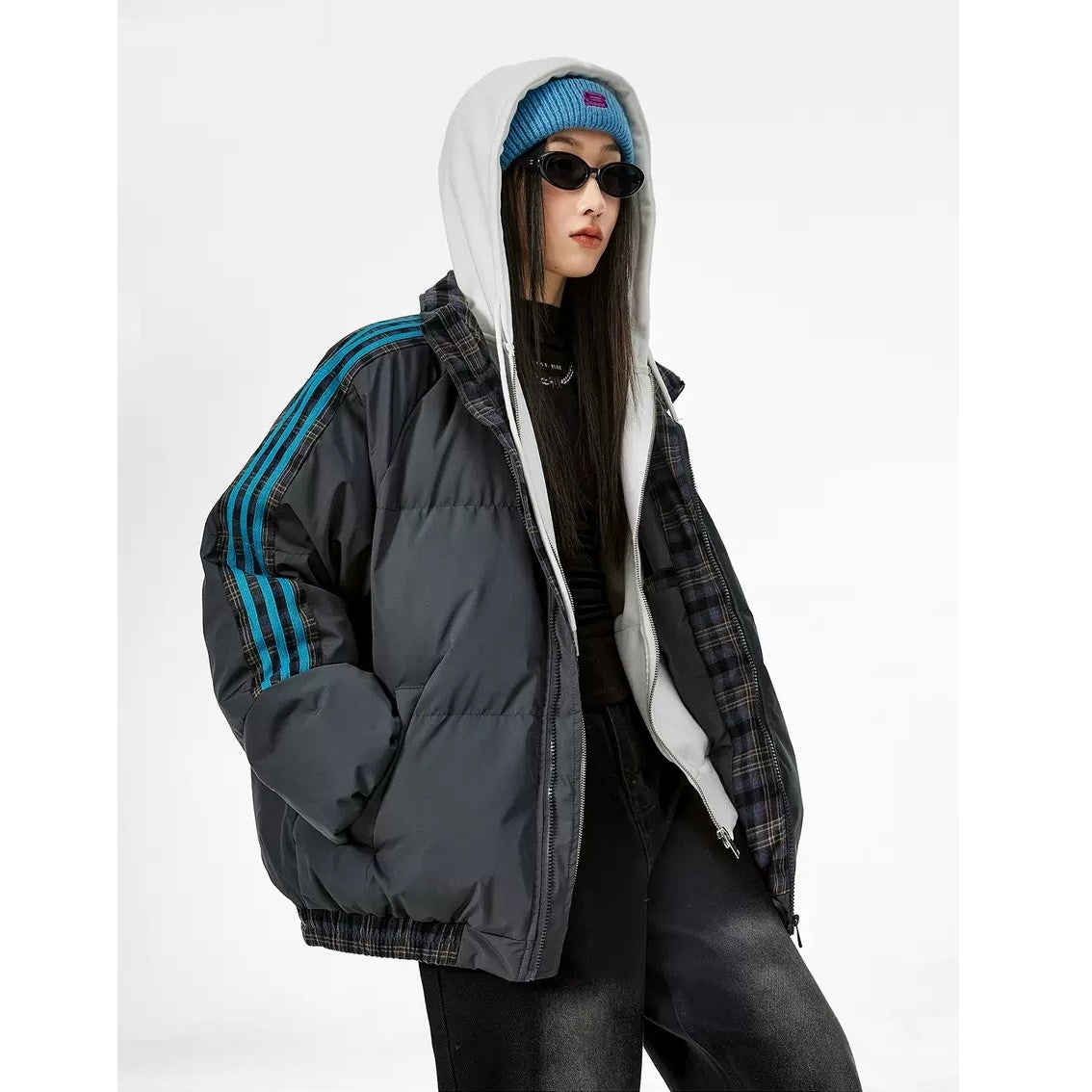 Contrast Check Striped Stand Collar Padded Jacket IC9003